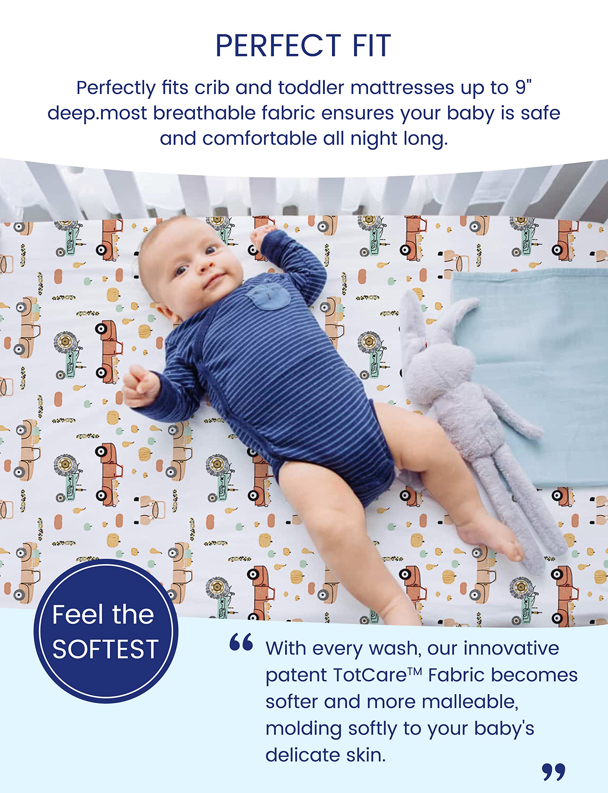 TotAha soft truck crib mattress sheets: buttery touch ideal for bedtime routines.
