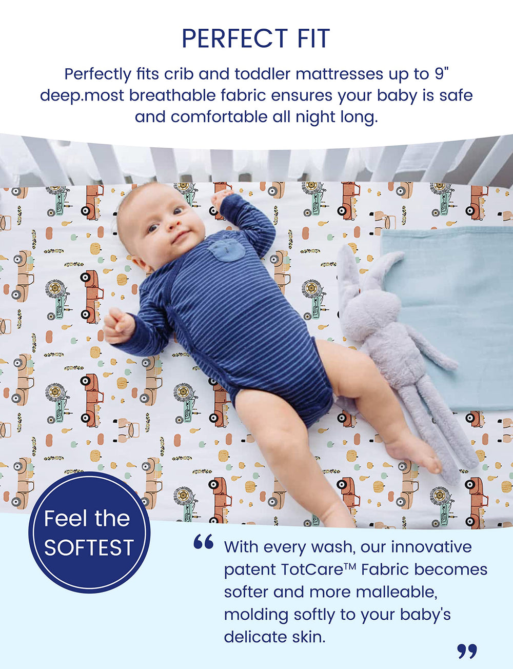 TotAha soft truck crib mattress sheets: buttery touch ideal for bedtime routines.