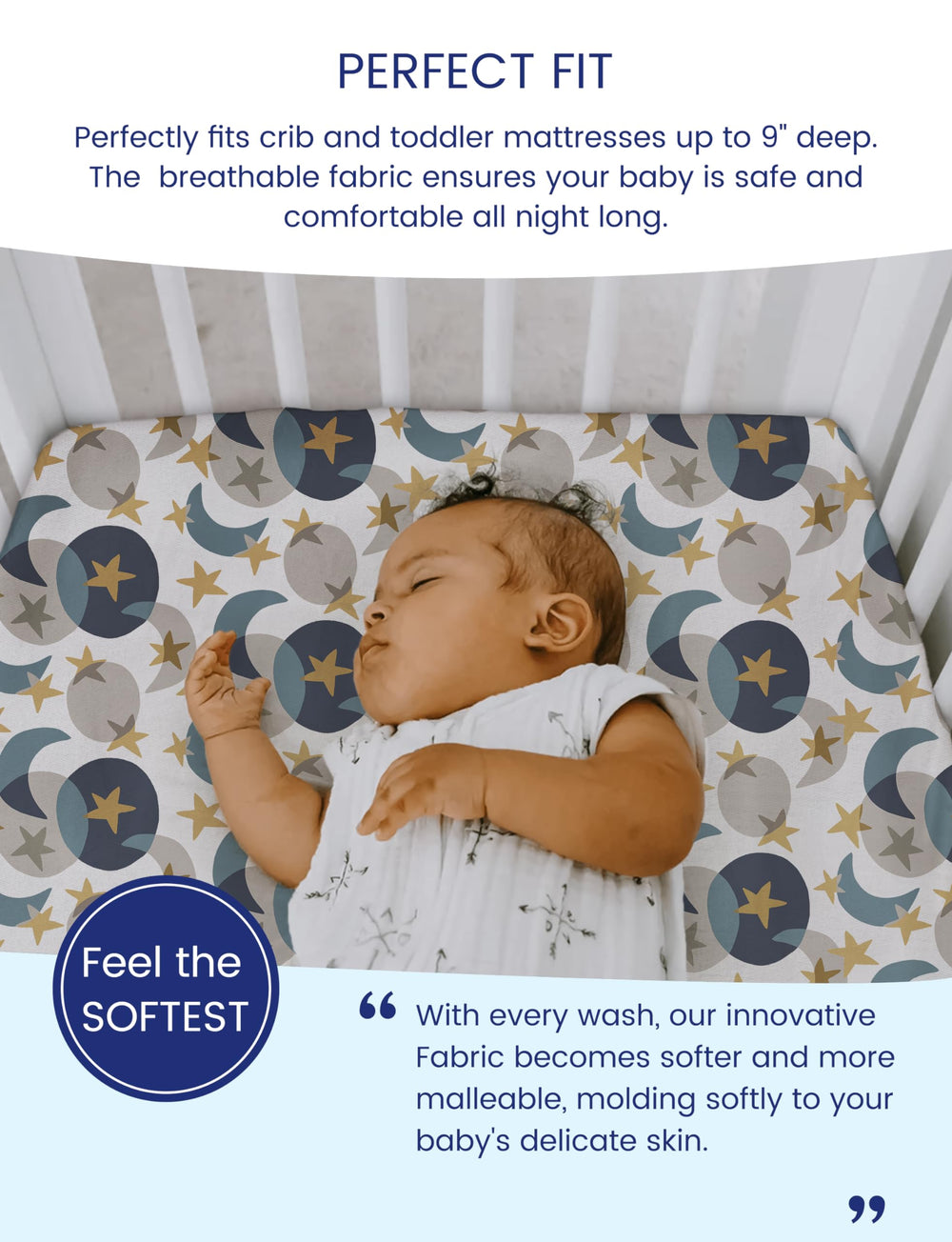 TotAha Space deep-pocket fit ensures snug hold on standard crib mattresses