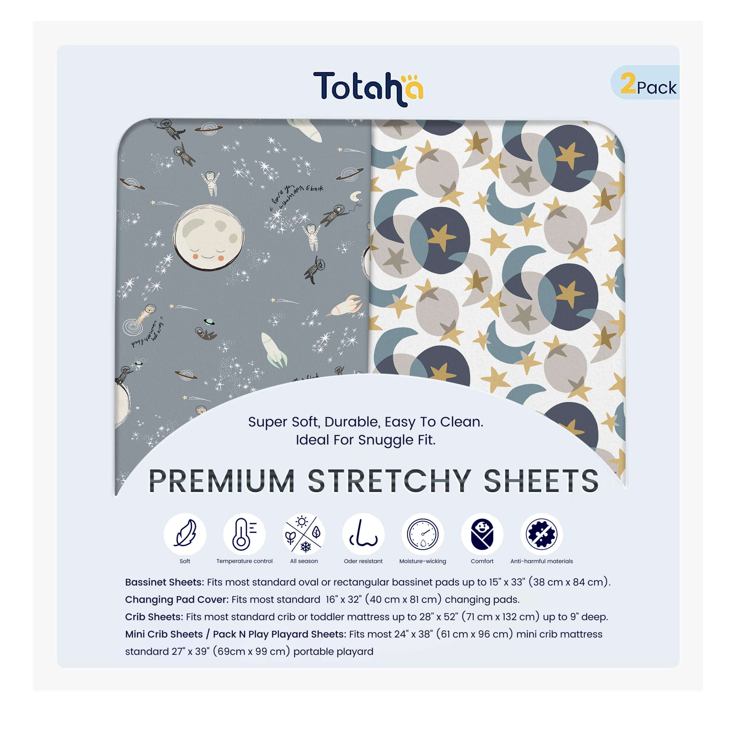 TotAha Space mini crib sheets with star and moon design offering breathable, snug fit.