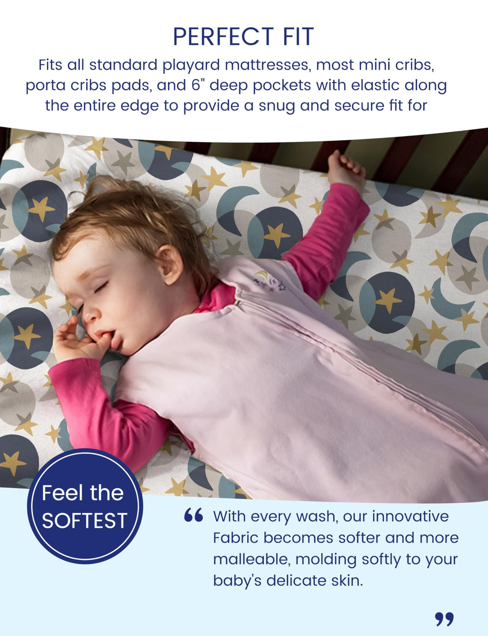 TotAha Space pattern on mattress demonstrates soft, smooth TotCare fabric.