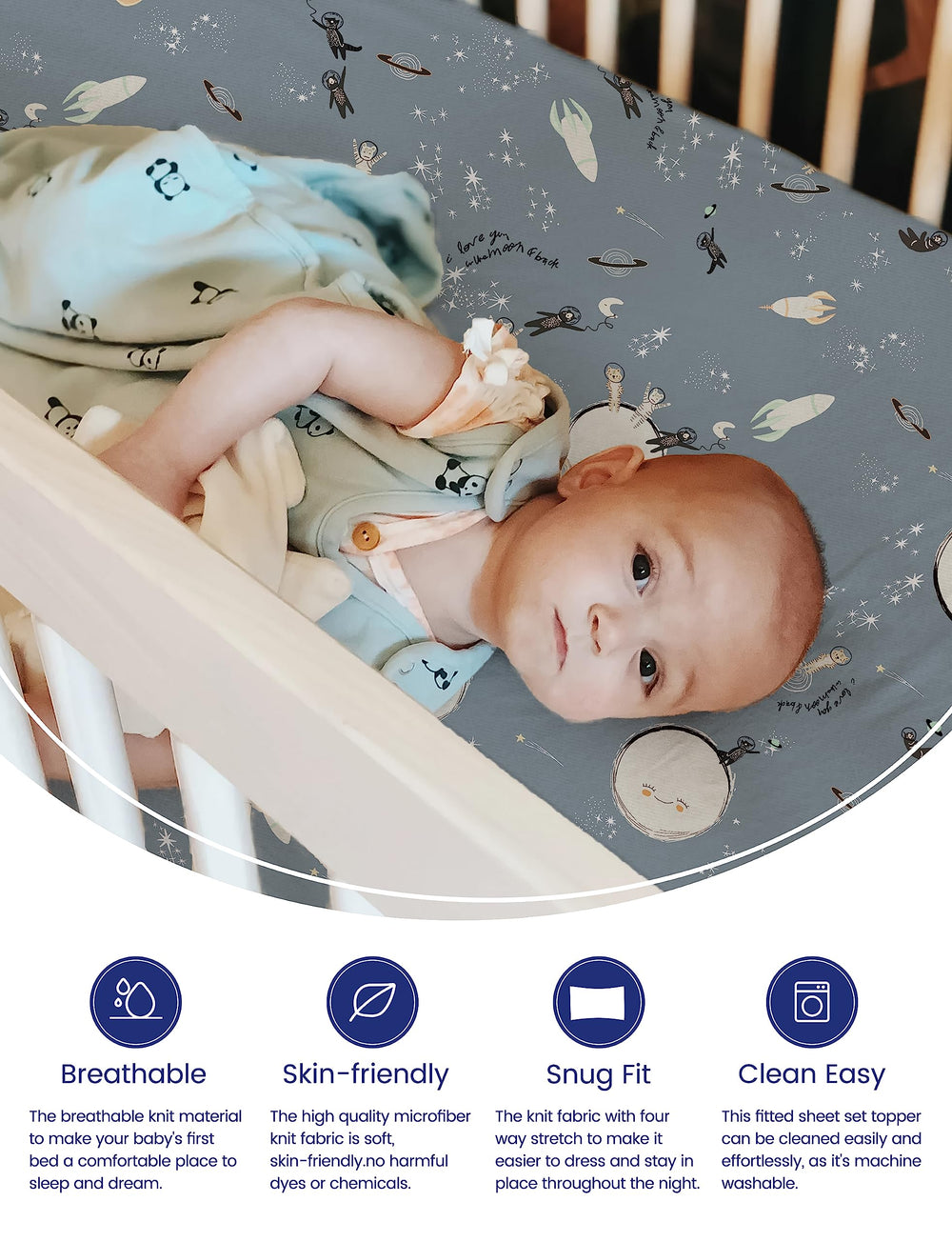 TotAha Space mini crib sheets show soft-knit fabric for gentle use.