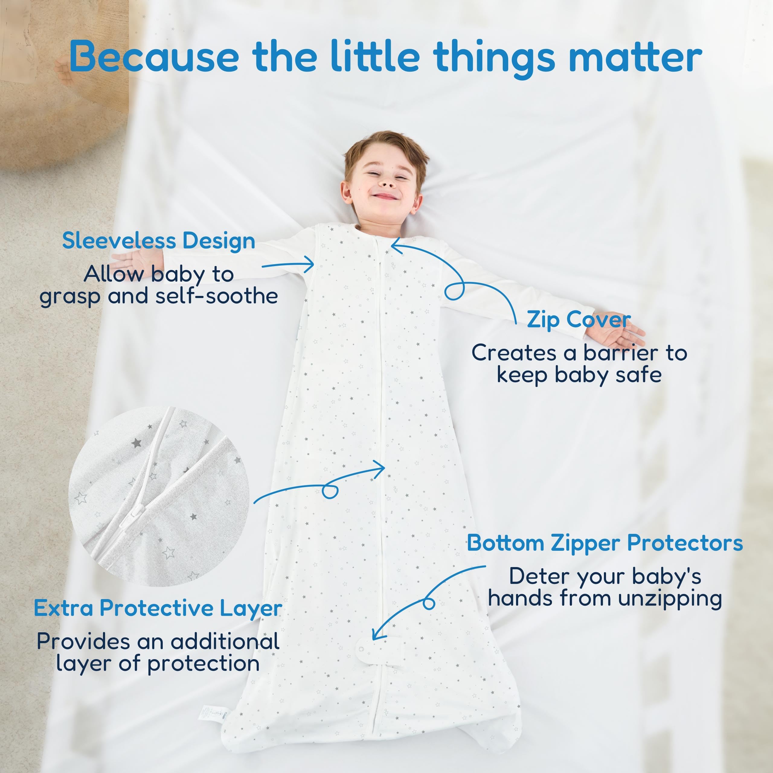 TotAha toddler sleep sack two-way zipper for easy nighttime diaper changes.