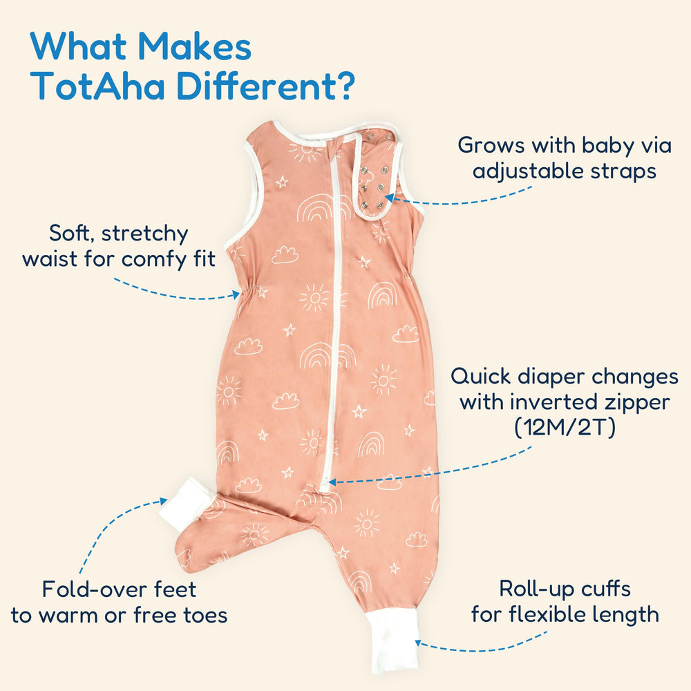 TotAha toddler sleep sack with legs, legs opened for kicking and early walking.