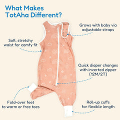 TotAha toddler sleep sack with legs, legs opened for kicking and early walking.