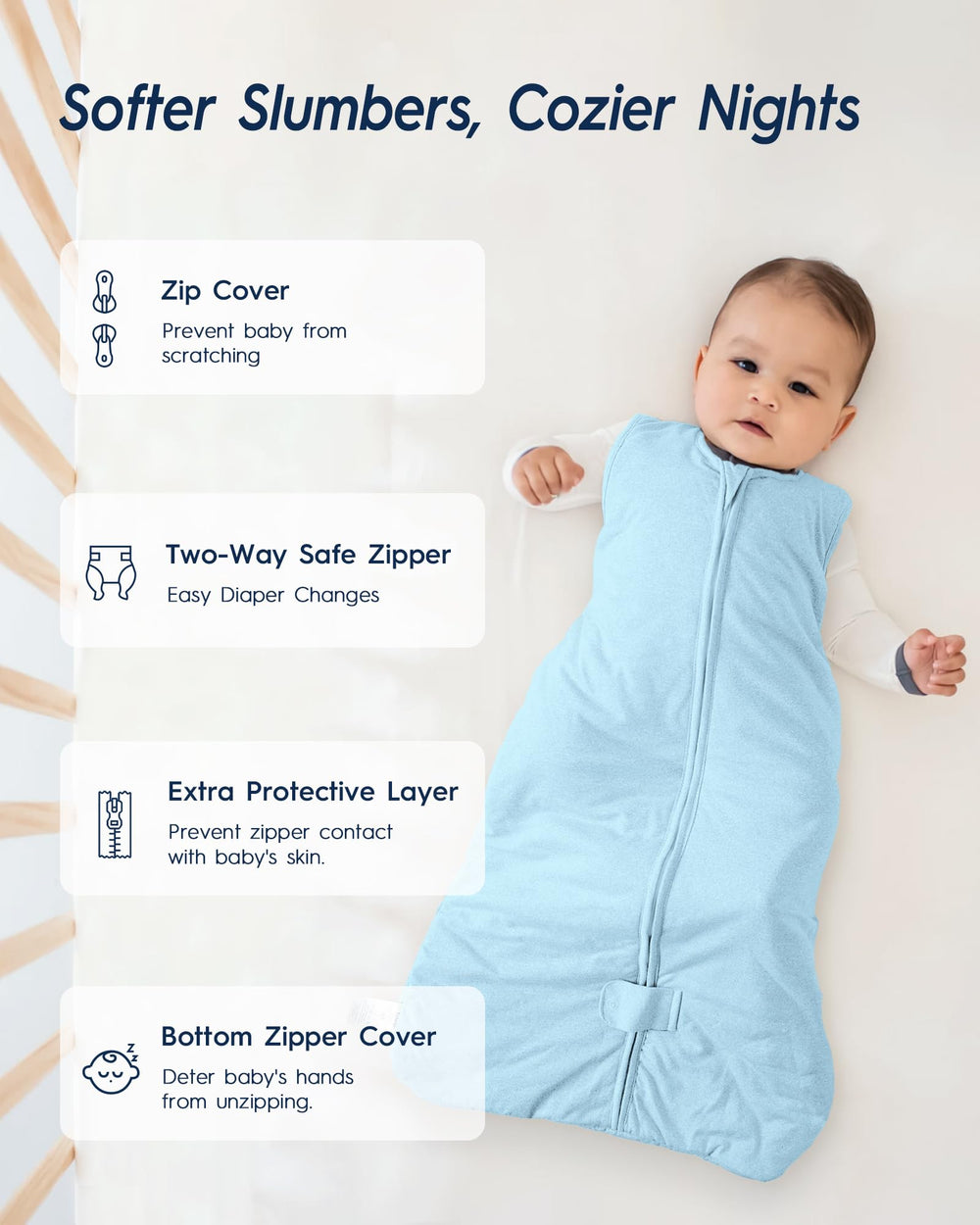 TotAha Toddler Sleep Sack two-way zipper enables quick diaper changes.