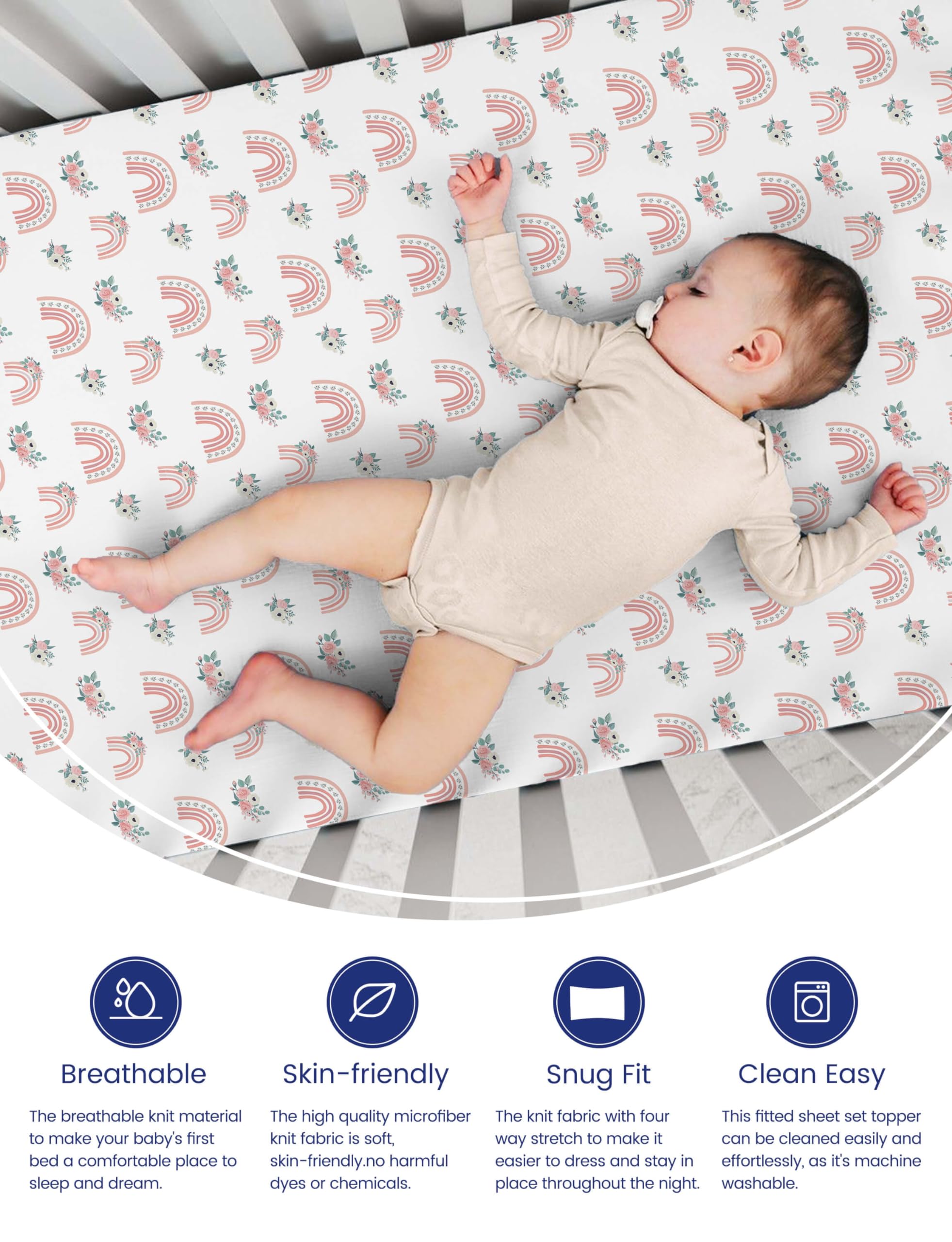 TotAha rainbow two-pack sheets shown on a mini crib for practical size