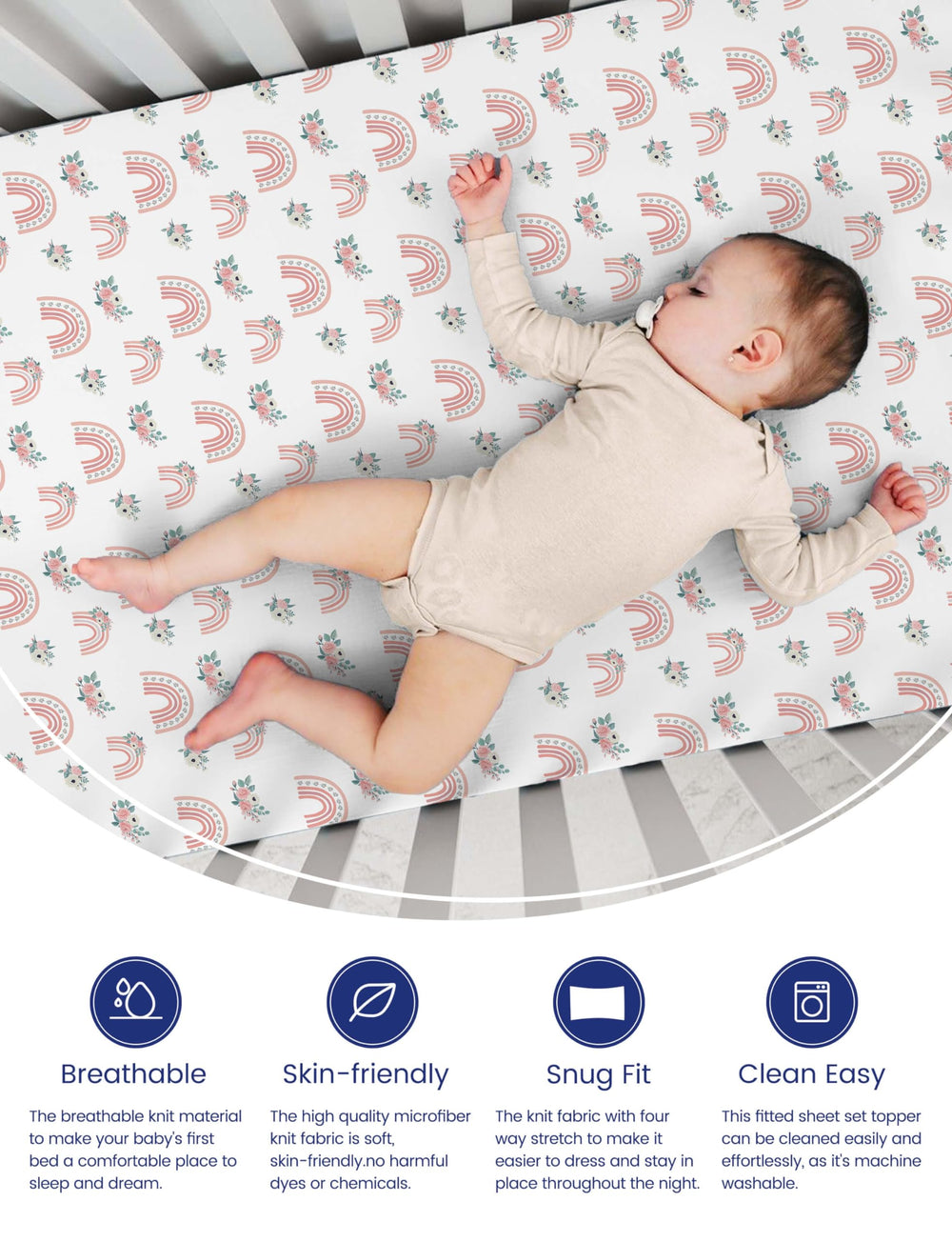 TotAha rainbow two-pack sheets shown on a mini crib for practical size