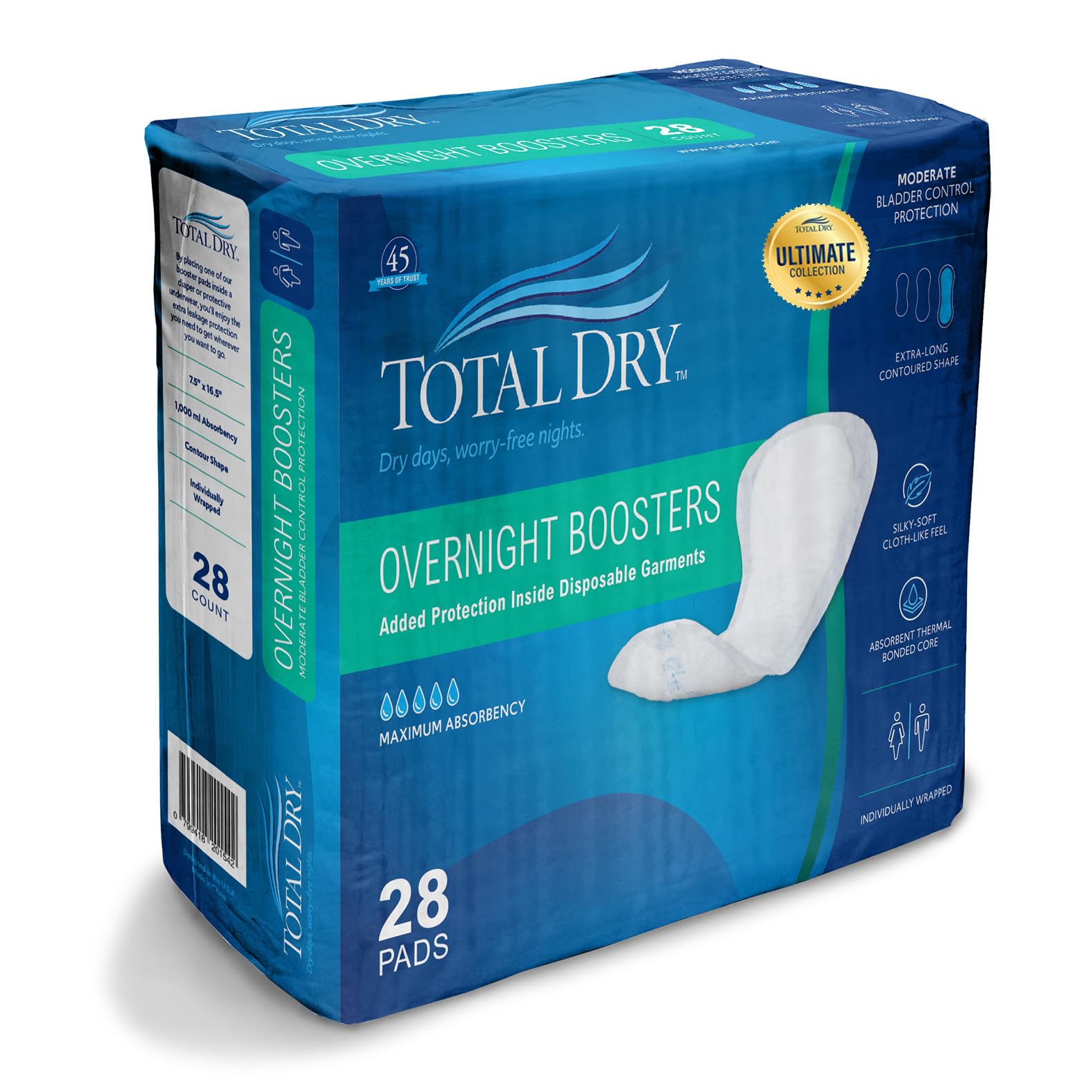 Total Dry Ultimate Booster Pads for women and men provide overnight absorbency for bladder leakage