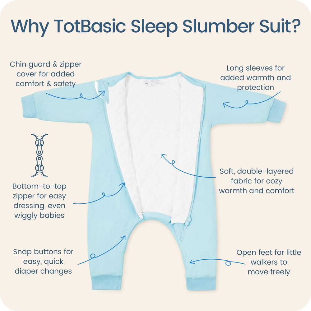 TOTBASIC sleep sack with feet in baby blue, leg open design for active movement.