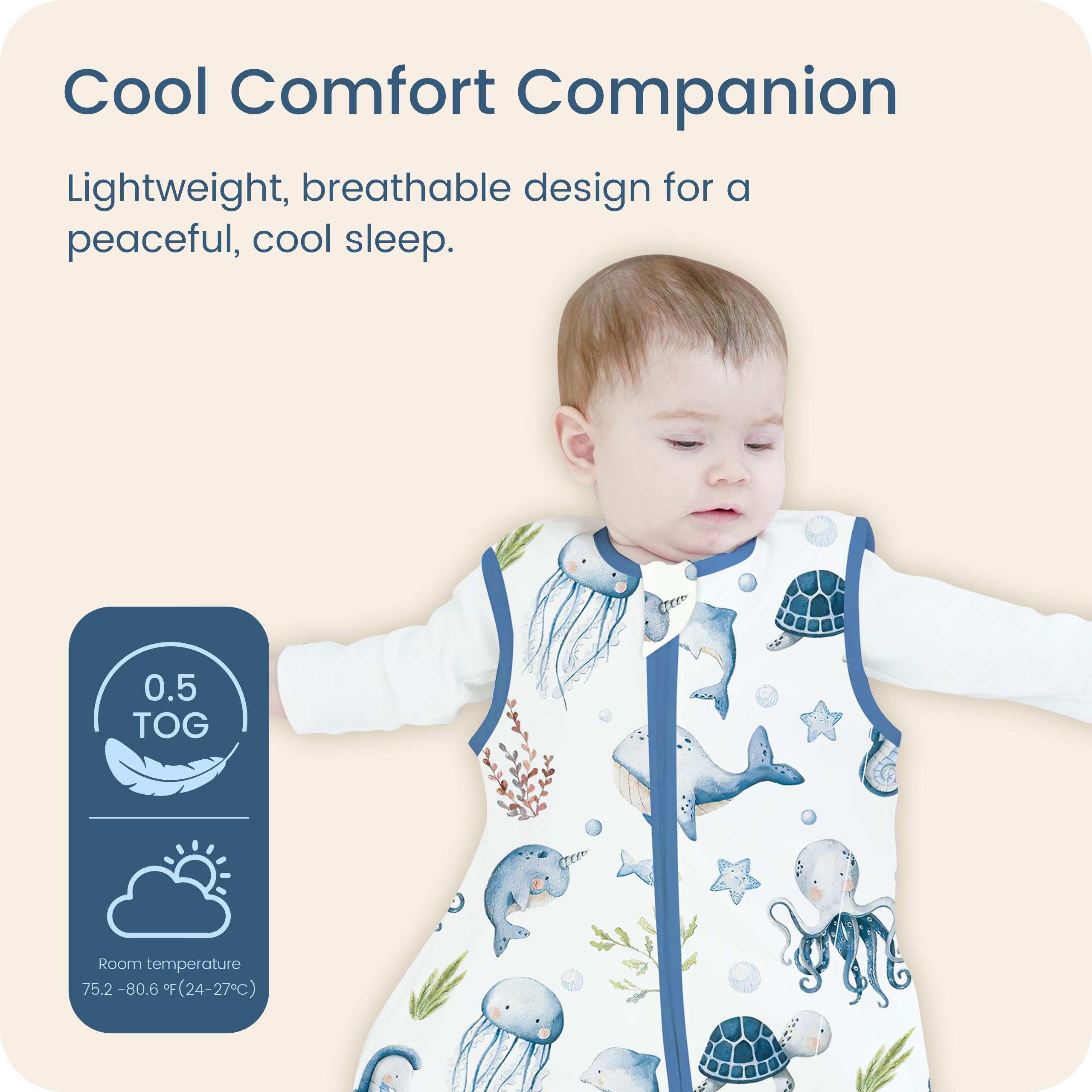 TotBASIC sleep sack with 2-way zipper for easy diaper changes.