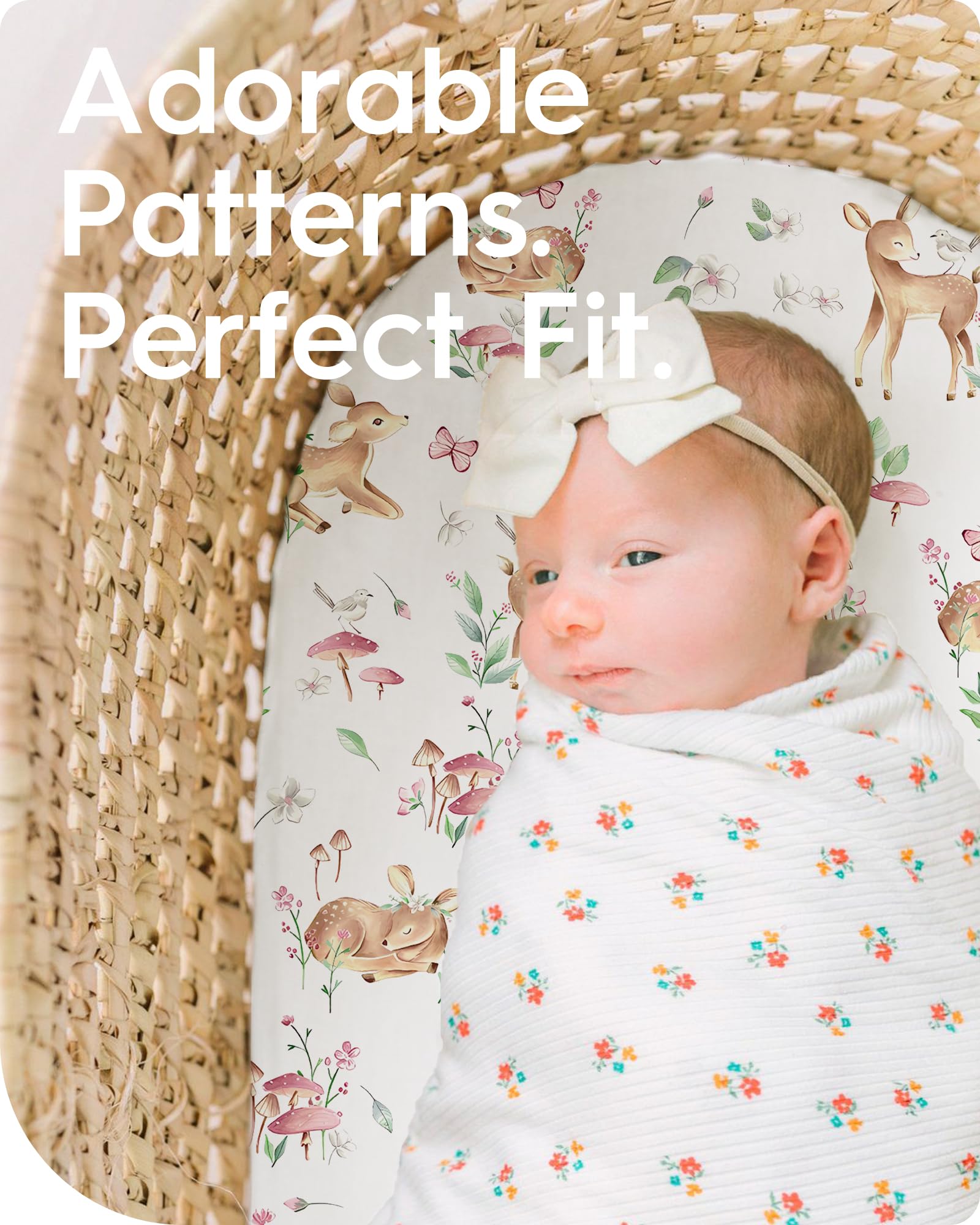TotBasic 4-way-stretch nonskid bassinet cover demonstrates easy on-off and secure fit.