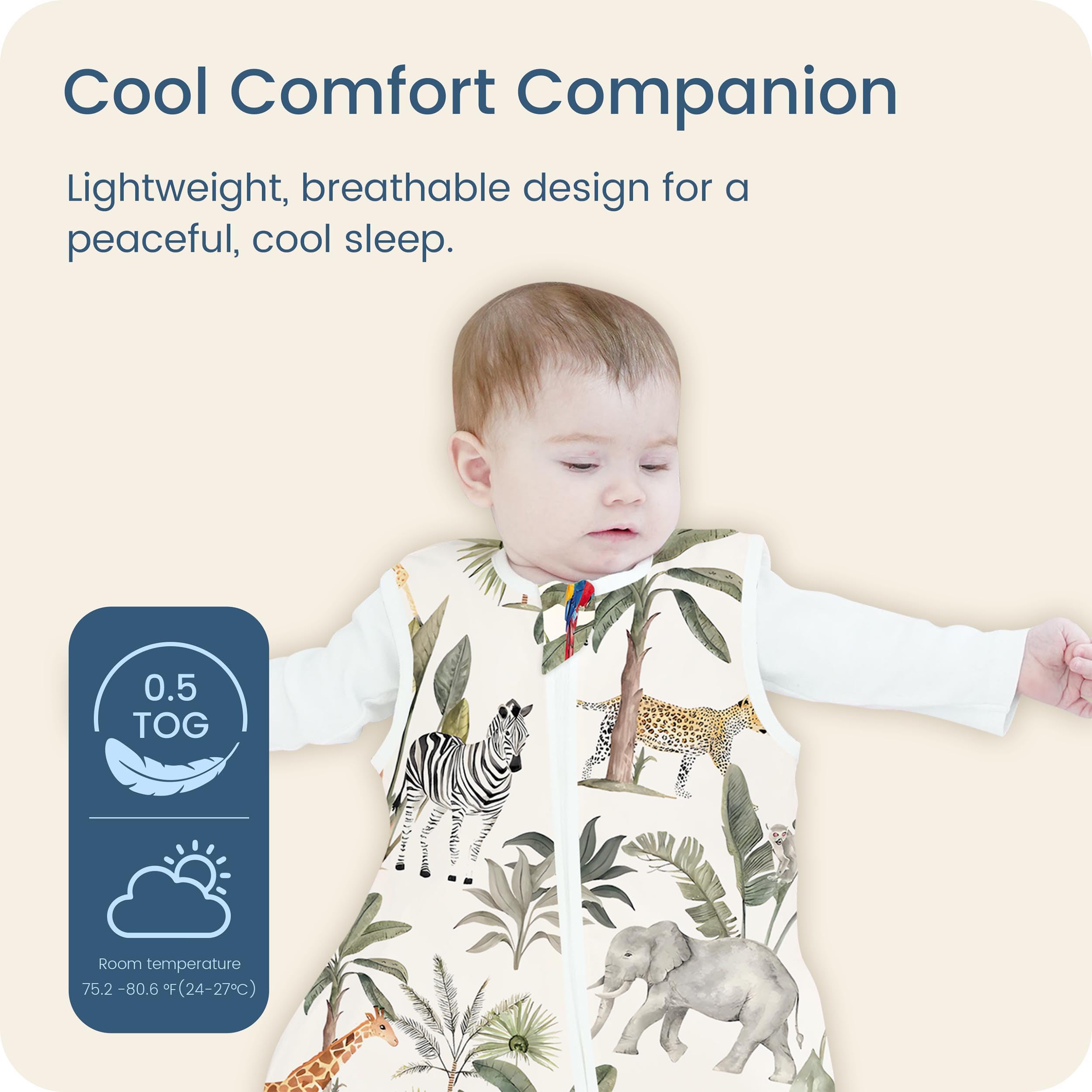 TOTBASIC sleep sack with two-way zipper enabling quick diaper changes.