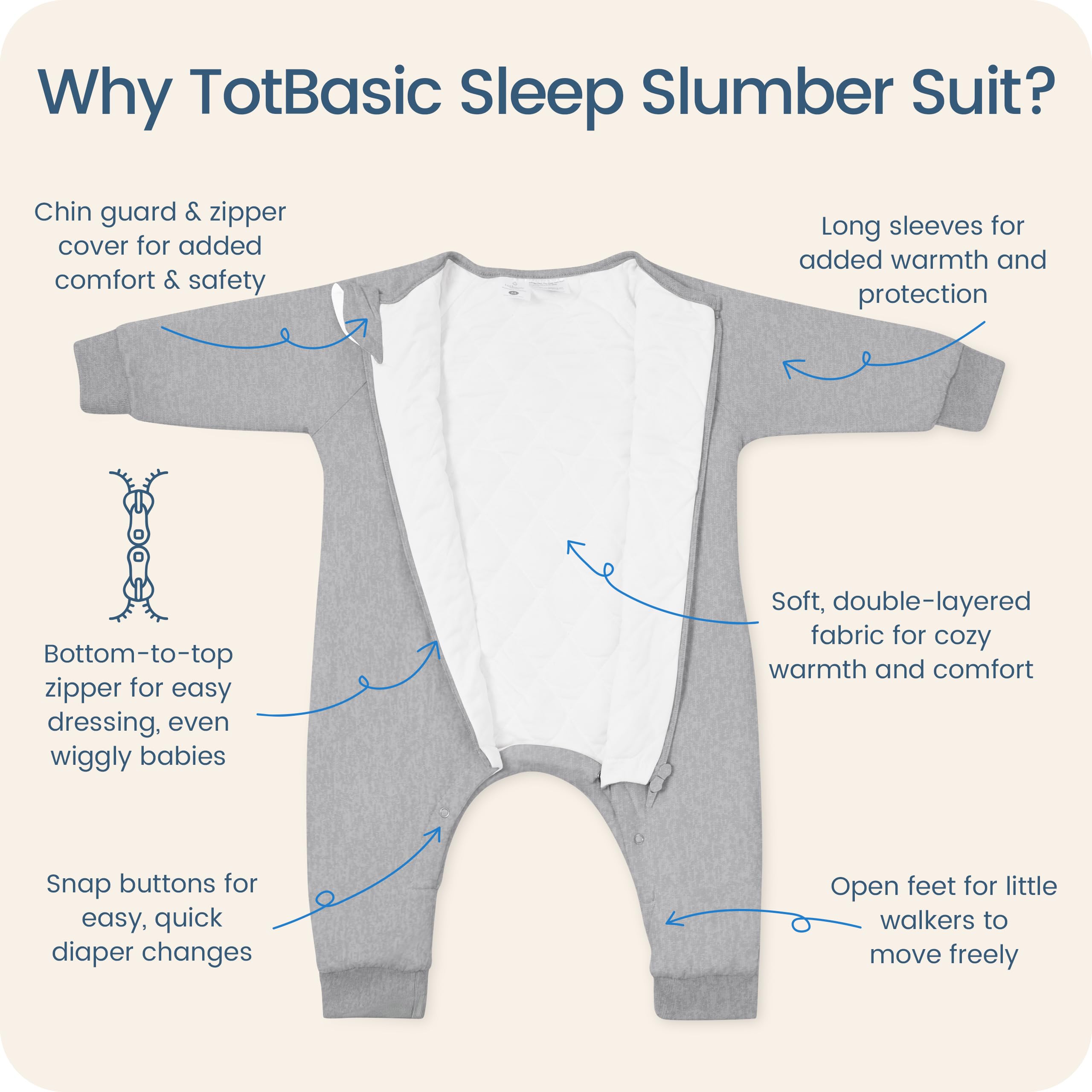 TOTBASIC sleep sack bottom snaps enable easy diaper access without waking baby