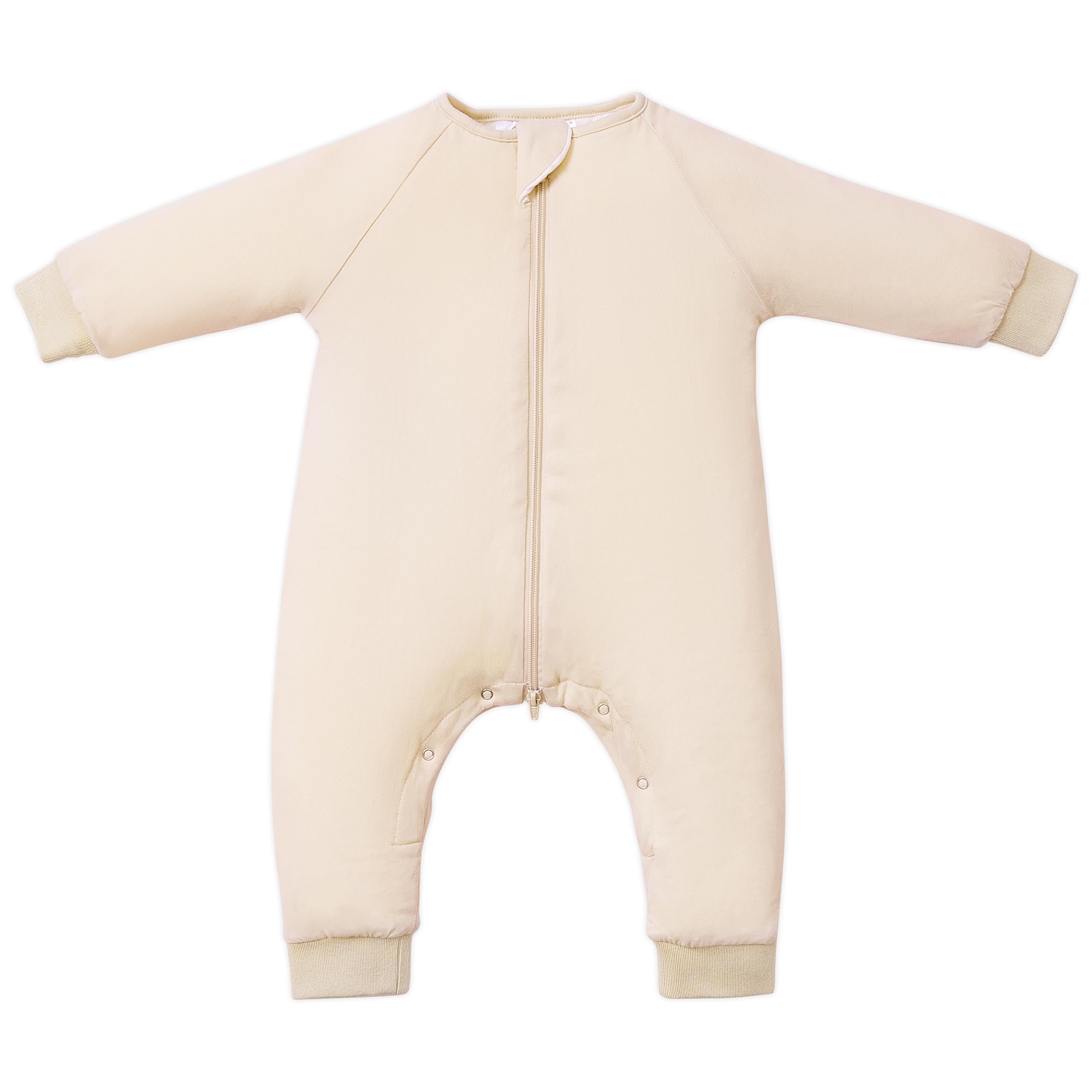 TOTBASIC baby sleep sack with feet in oat color showing foot openings for easy movement and warmth