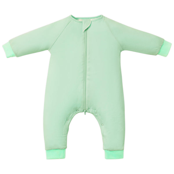 TOTBASIC baby sleep sack with feet in Sage keeps little legs warm and comfy.