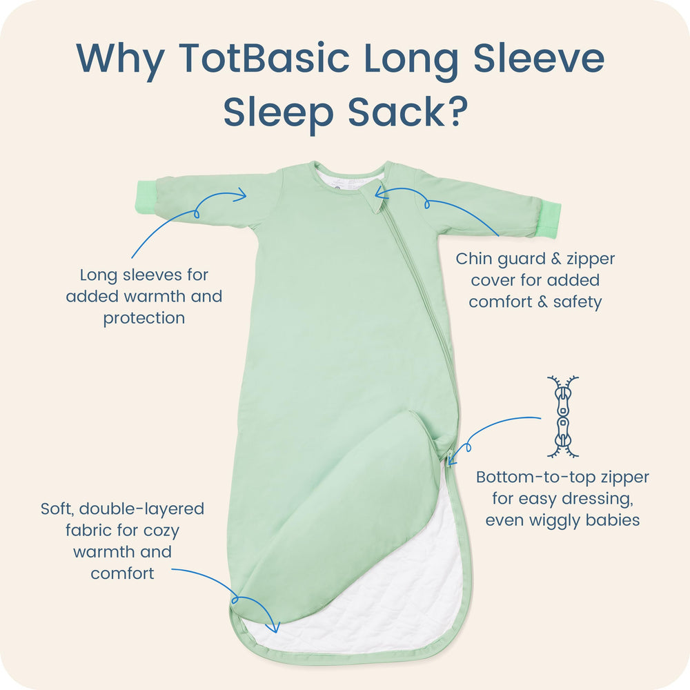 TOTBASIC sleep sack sage fabric close-up shows soft, breathable material.