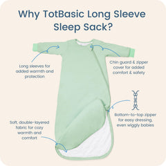 TOTBASIC sleep sack sage fabric close-up shows soft, breathable material.