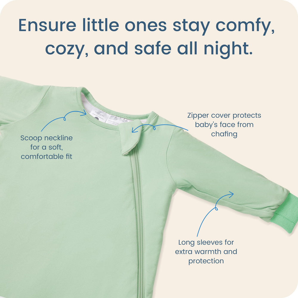 TOTBASIC sleep sack sage sleeves detail demonstrates built-in warmth.