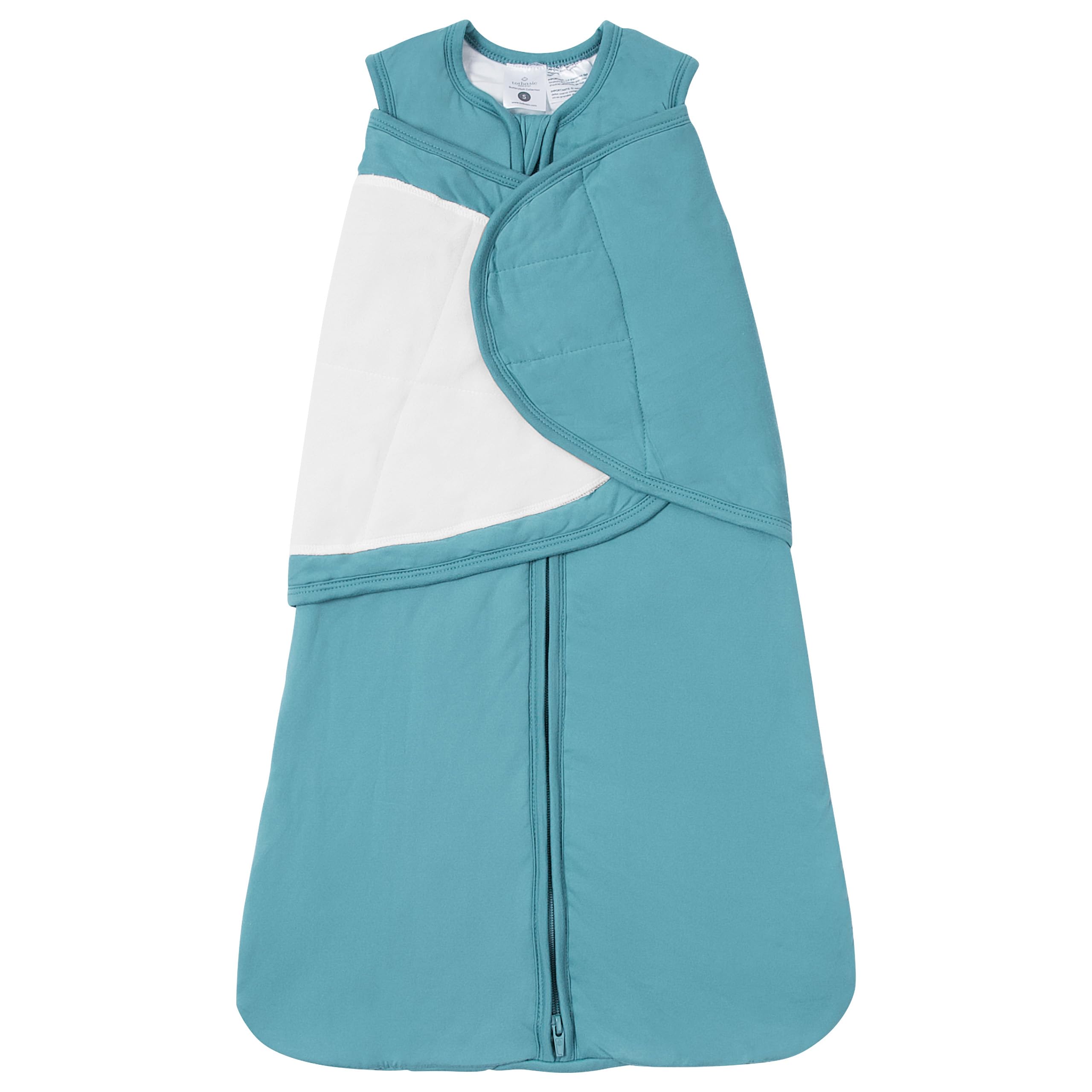 TOTBASIC baby swaddle sleep sack in slate keeps baby cozy and secure for nap time.