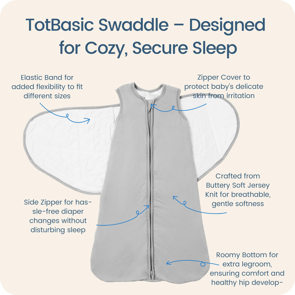 TOTBASIC Storm transition swaddle demonstrates transition mode for 3–6 months.