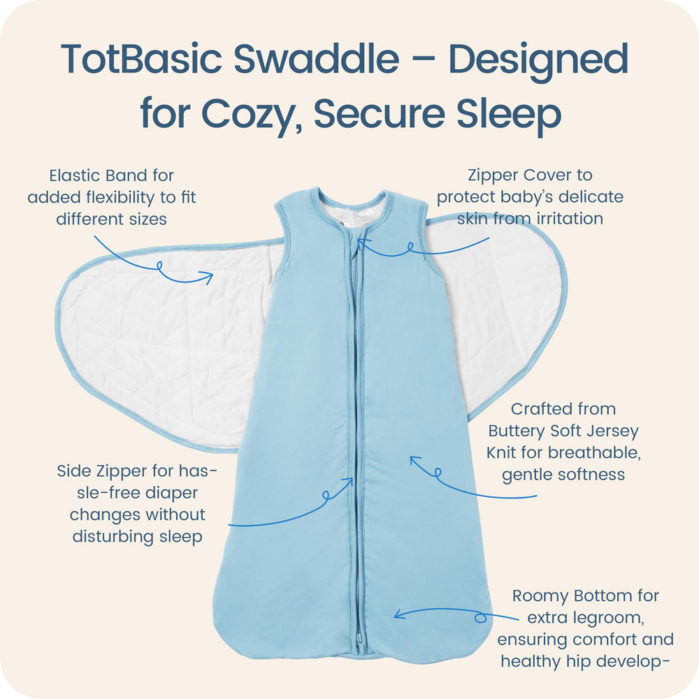 TOTBASIC swaddle with Velcro fasteners for adjustable fit and growth.