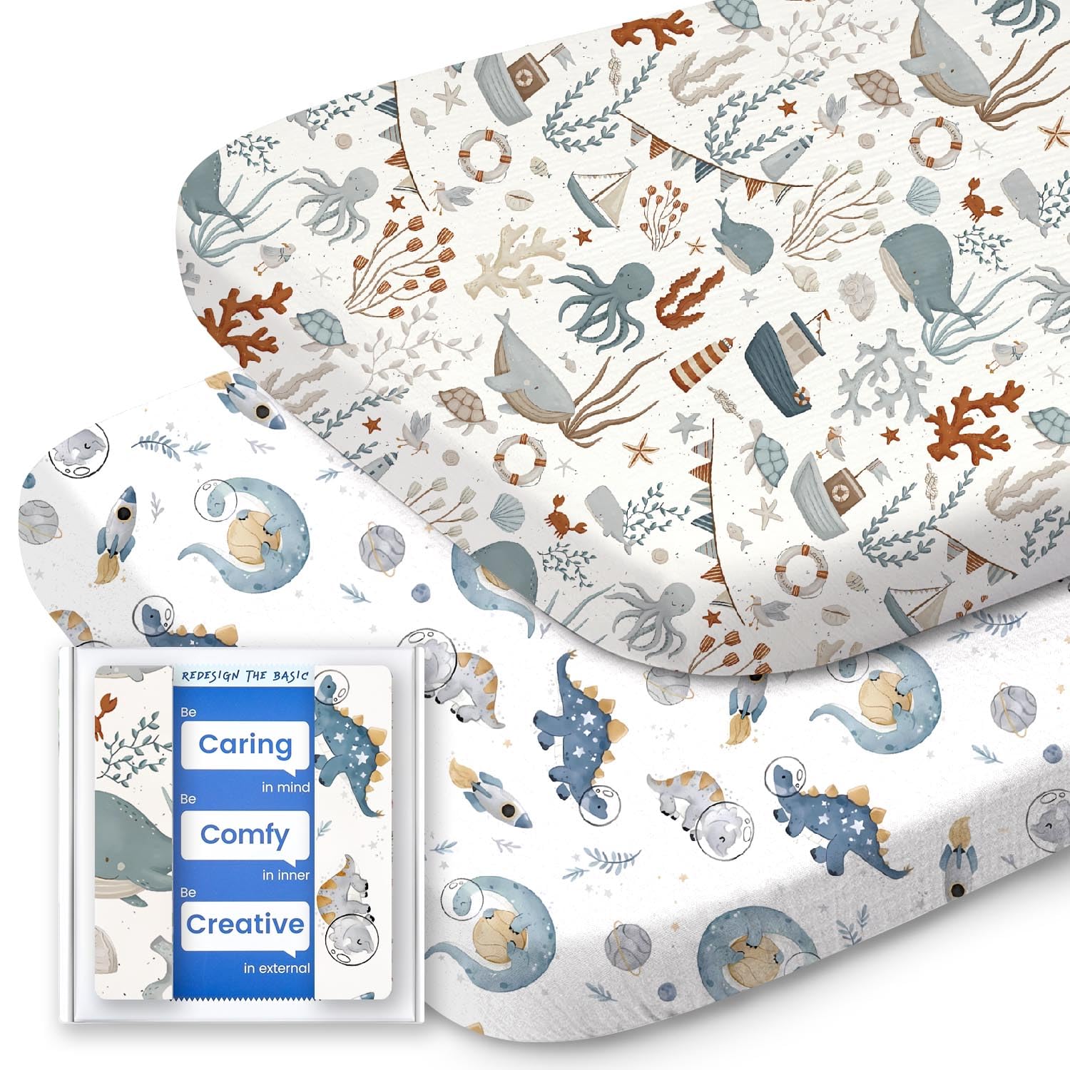 TotBASIC bassinet sheet with dino and whale pattern for gentle, cozy sleep in compatible bassinets.