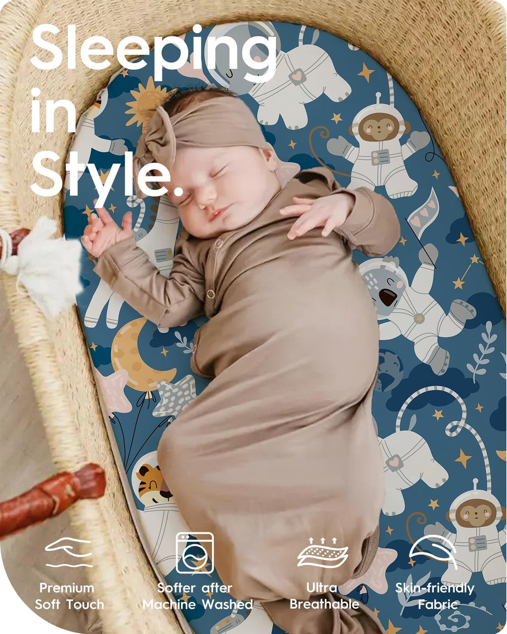 TOTBASIC 4-way-stretch bassinet sheet offers quick on/off and snug fit.