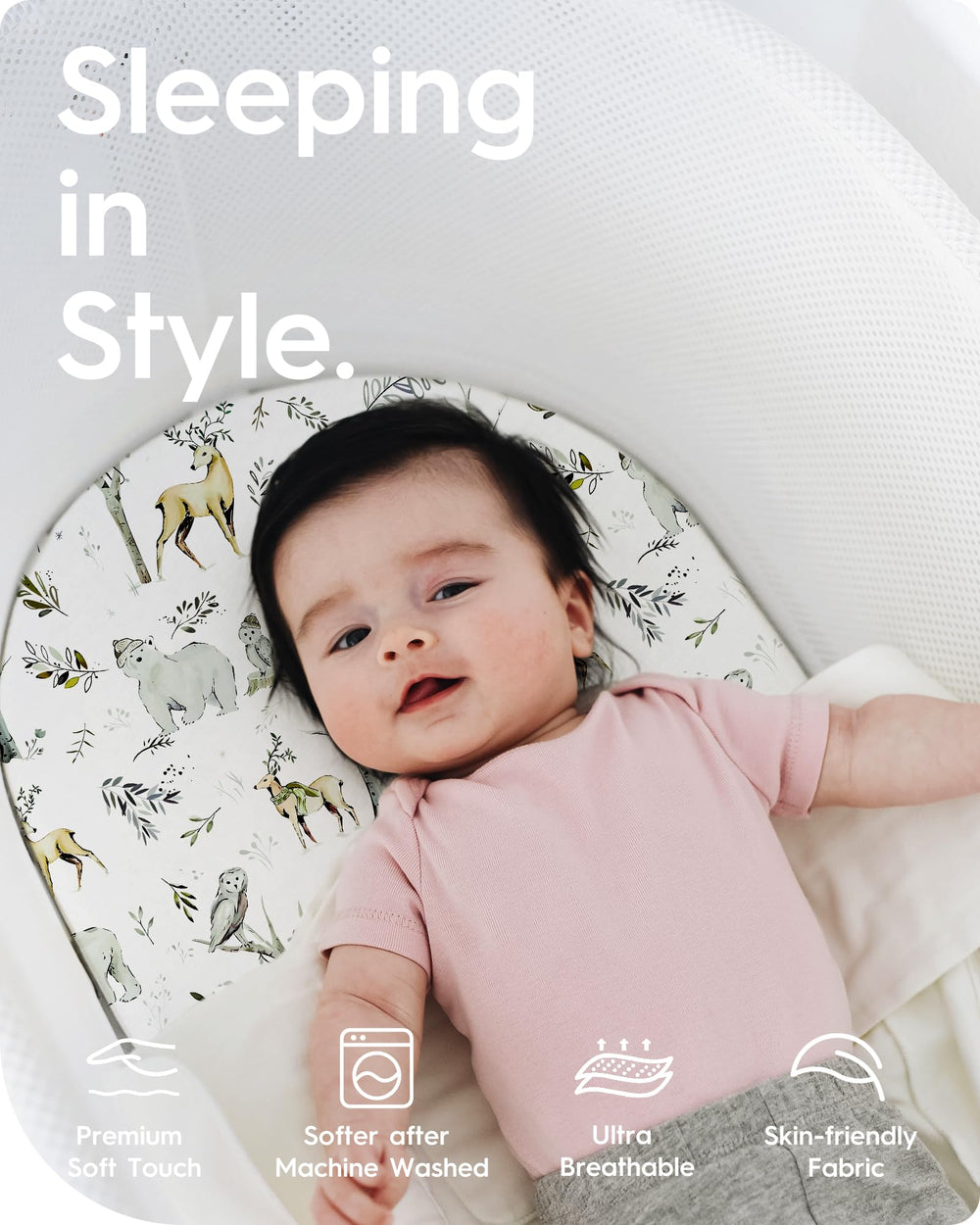 TotBasic bassinet sheet stretch closeup demonstrates 4-way stretch for quick changes.