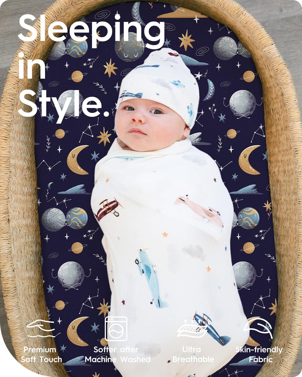 TotBasic universal-fit bassinet sheet shown on varied mattress shapes.