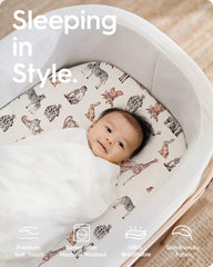 TOTBASIC bassinet sheet stretched on mattress shows universal fit and four-way stretch