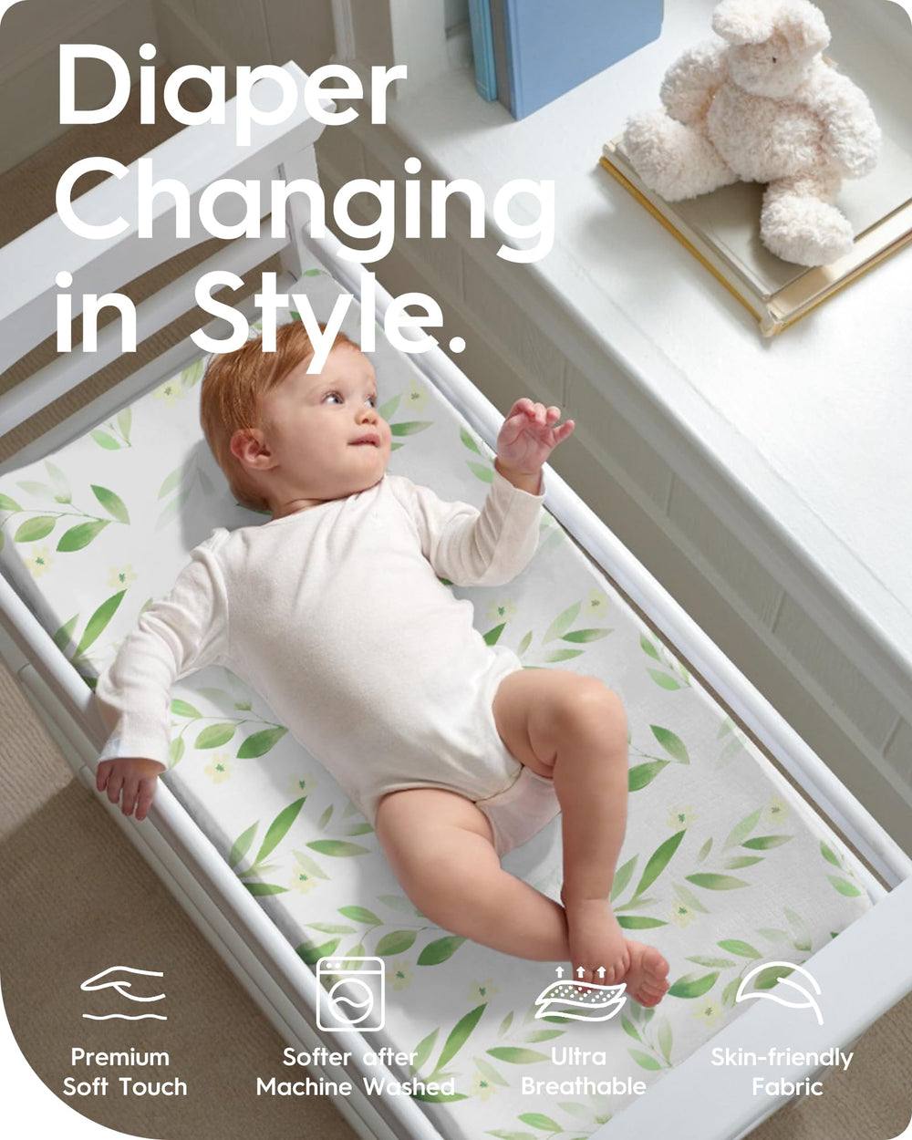 TotBasic botanical leaf pattern changing pad cover adds calm to nursery space