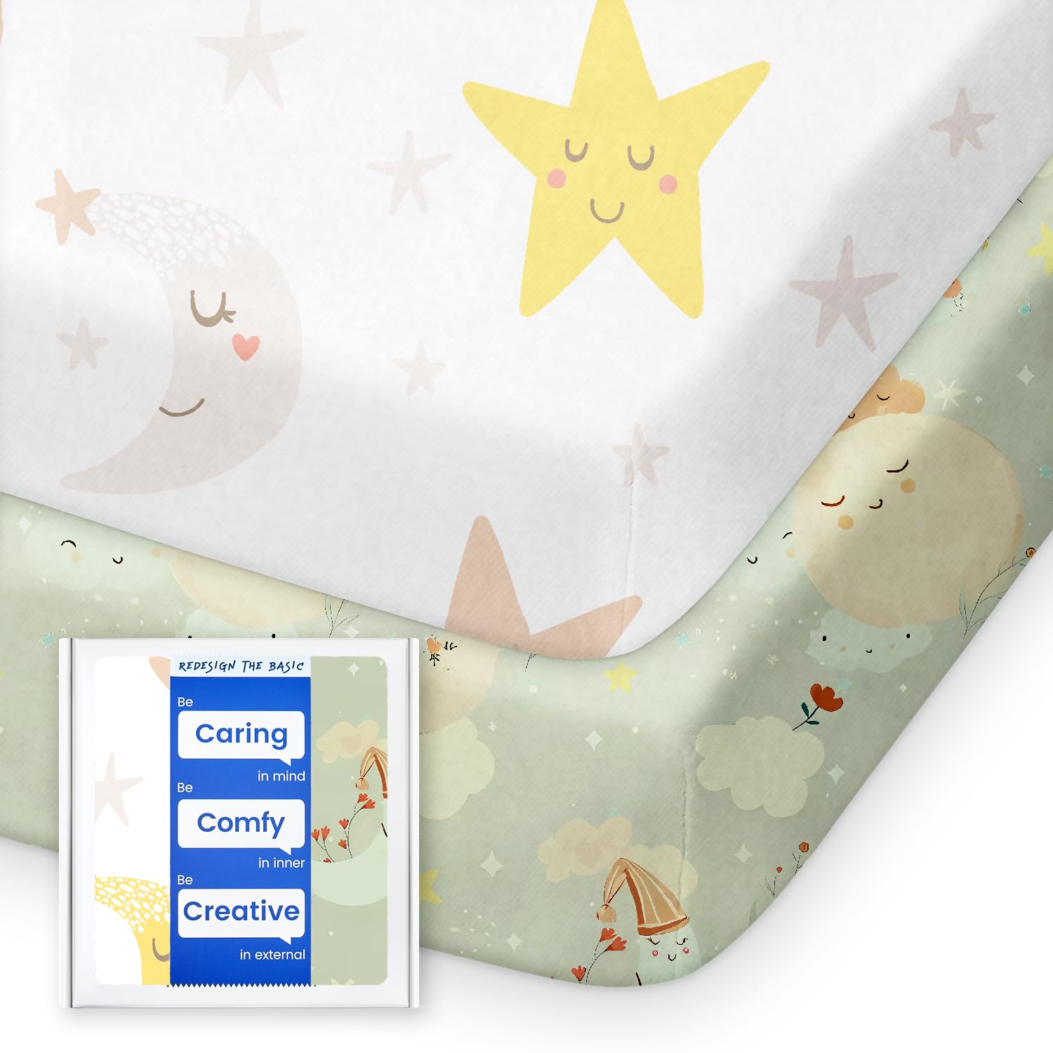 TotBasic planet-pattern sheets offer soft, breathable comfort for portable playards.