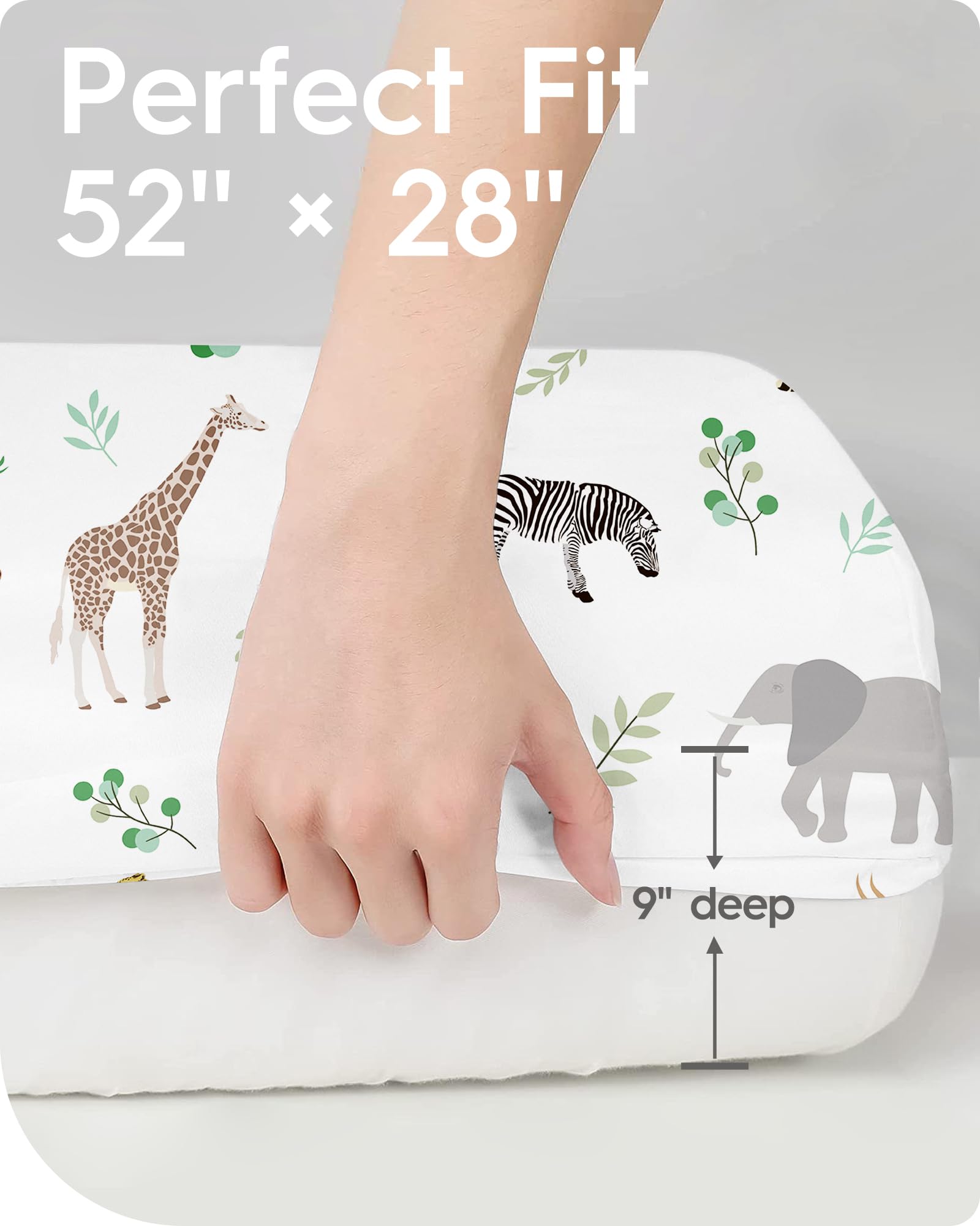 TOTBASIC crib sheet neutral Safari elastic edge closeup features full bottom elastic.