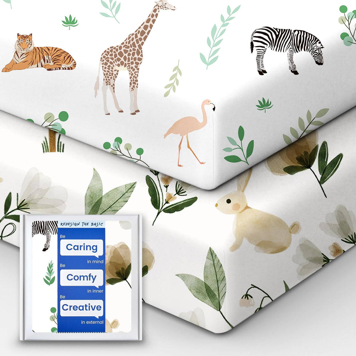 TOTBASIC crib sheet neutral Safari flatlay highlights ultra-soft fabric for nurseries.