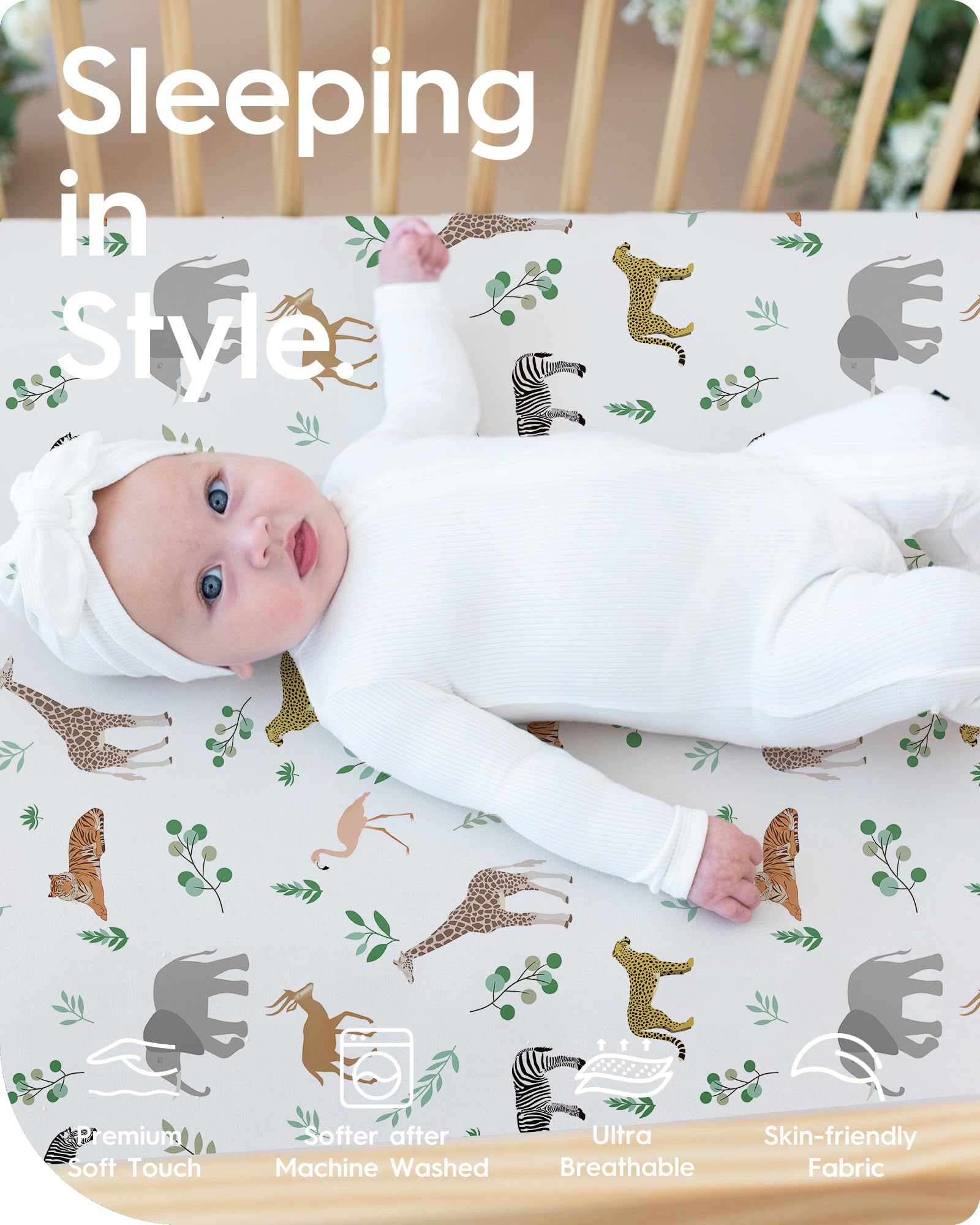 TOTBASIC crib sheet neutral Safari on mattress demonstrates snug 28x52 inch fit.