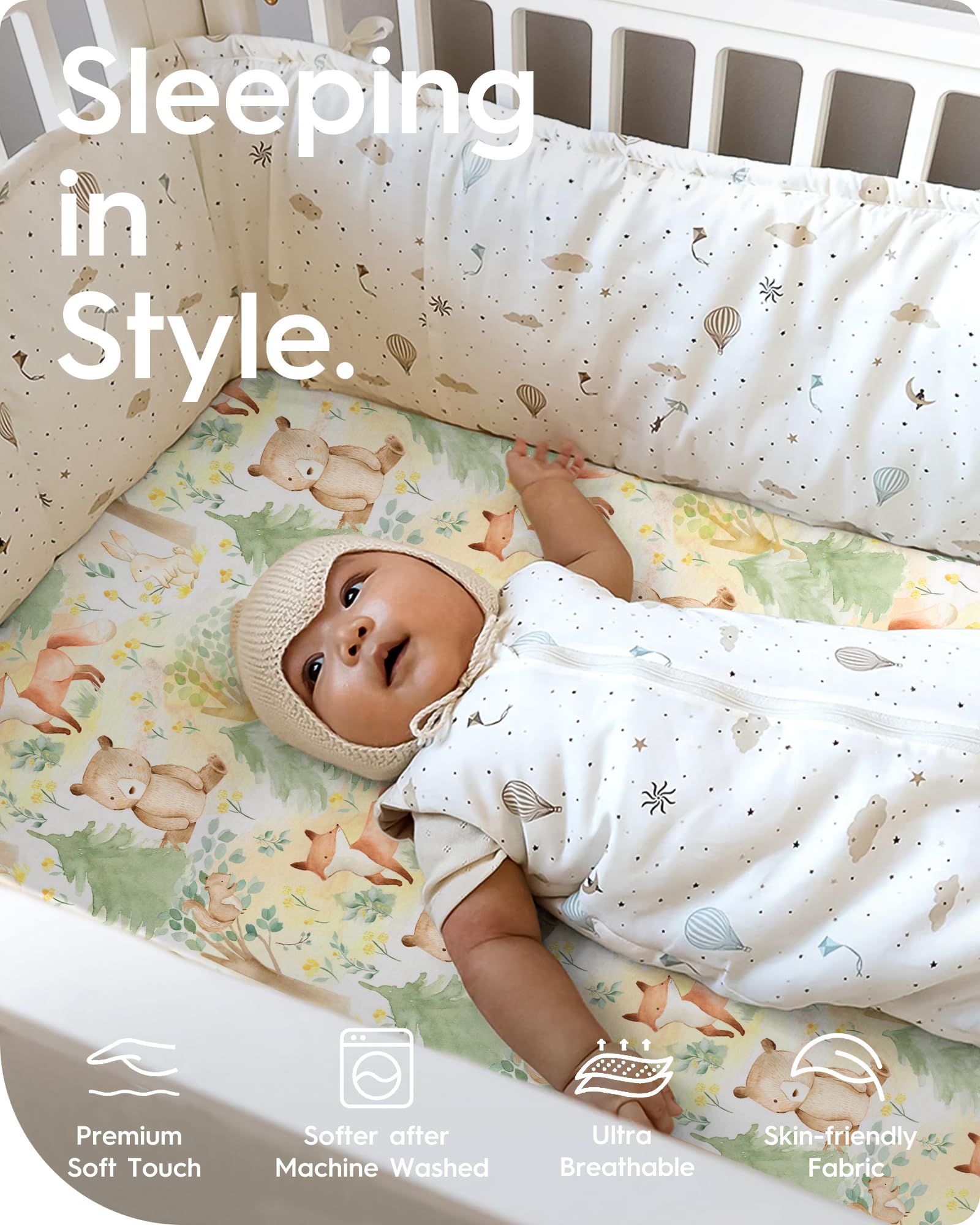 TOTBASIC deer design pack n play sheets with snug fit for wiggle-prone babies.