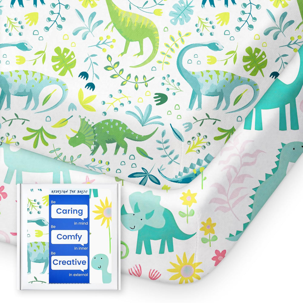TotBasic dinosaur pack n play sheets fabric close-up shows ultra-soft jersey knit for baby comfort.