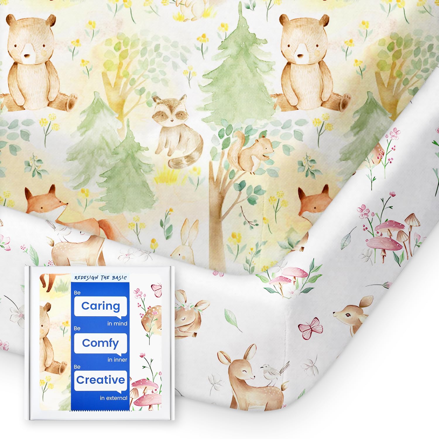 TOTBASIC forest bear design pack n play sheets promote cozy, secure sleep.