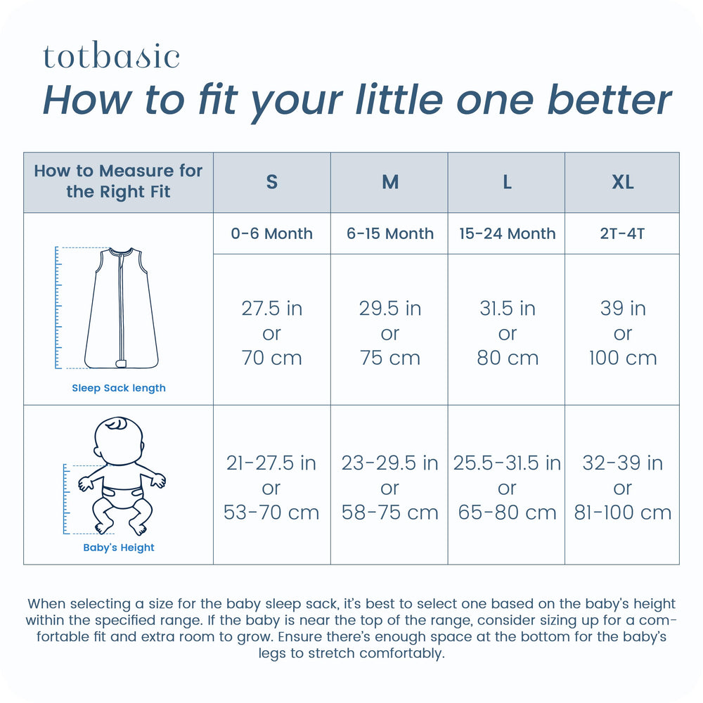 TOTBASIC sleep sack size range demonstrates growth with your child.