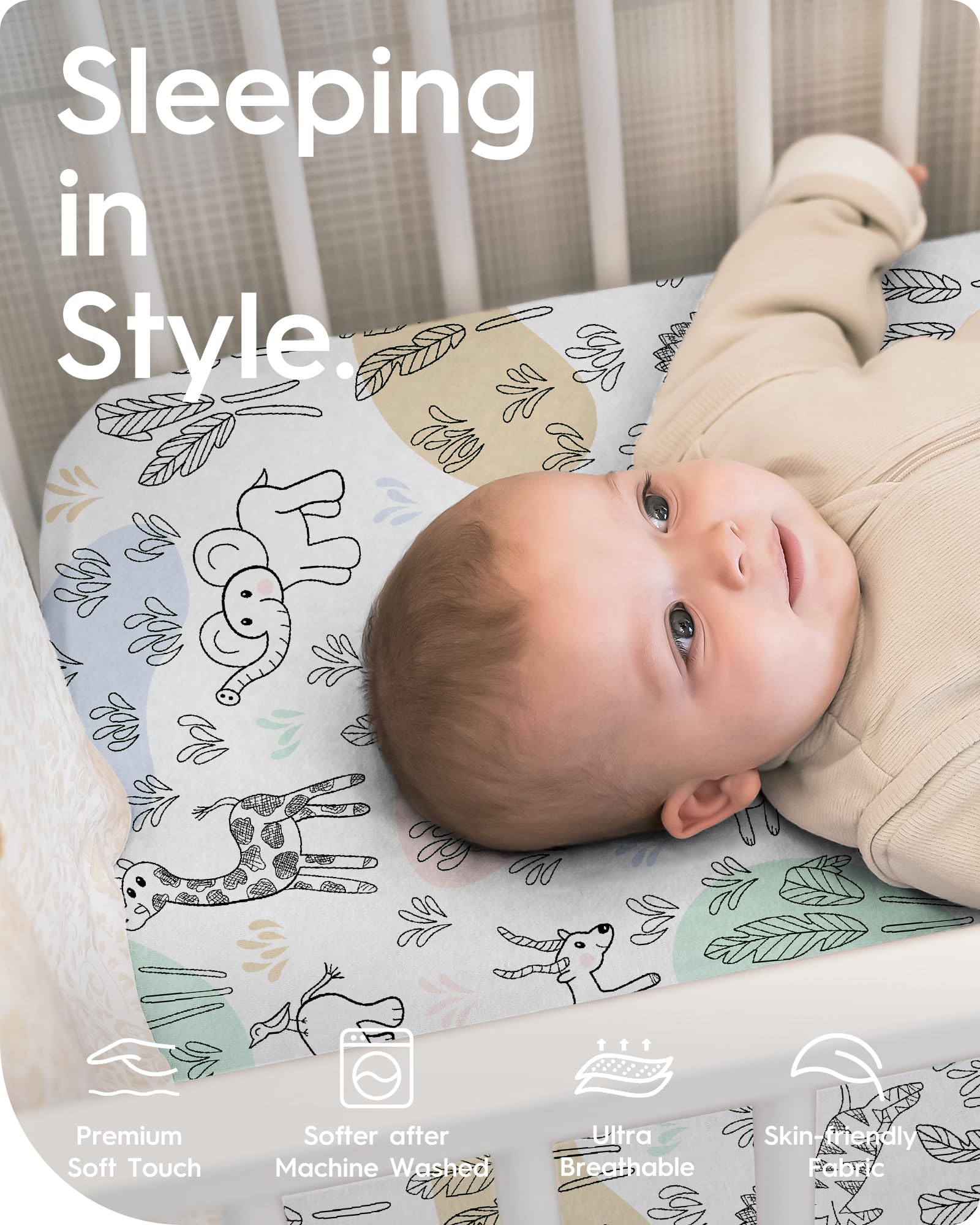 TOTBASIC cartoon safari design mini sheets provide playful style and breathable comfort
