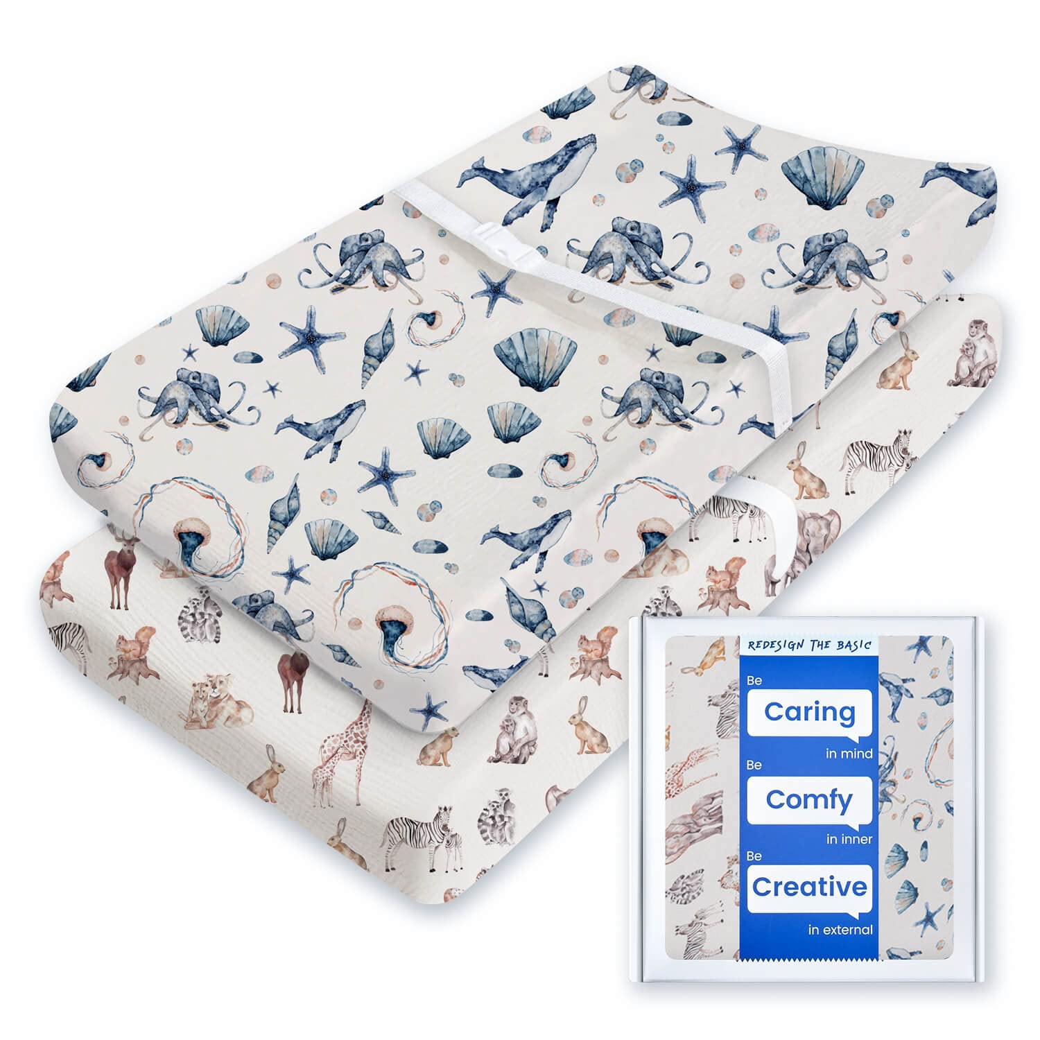 TotBasic ocean pals cover highlights ultra-soft fabric for gentle diaper changes.