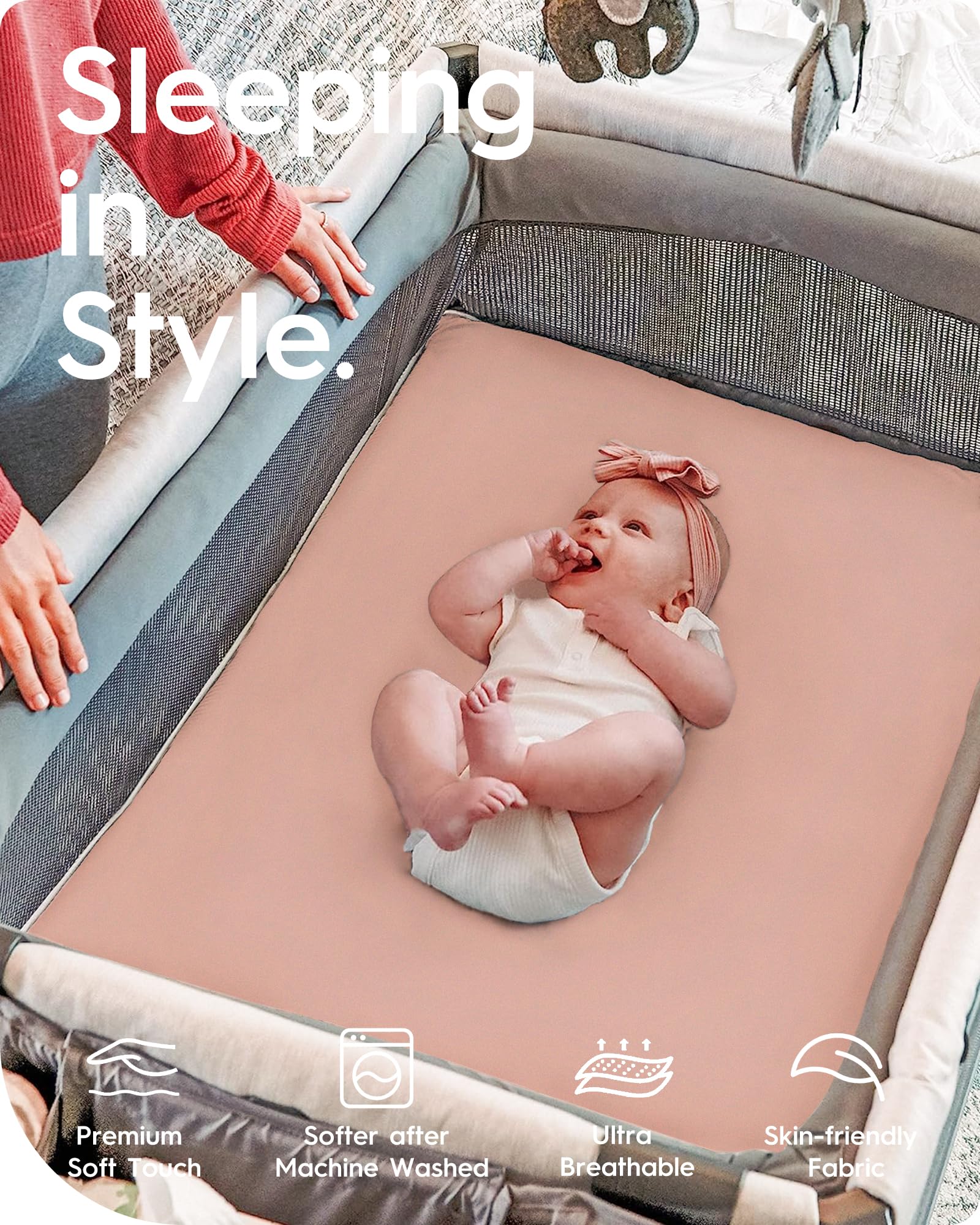 TotBasic pack n play sheet elastic edge demonstrates secure, snug fit