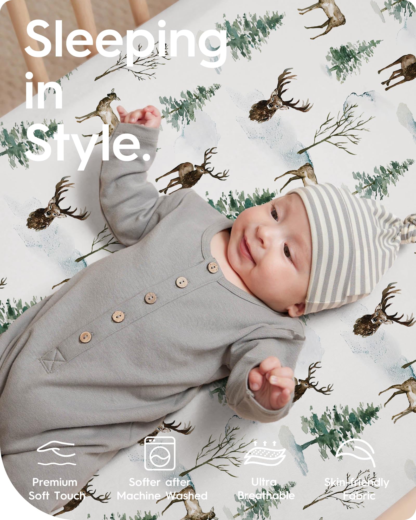 TotBasic Pack N Play Sheets Deer pattern provides breathable, temperature-stable sleep surface for peaceful naps.