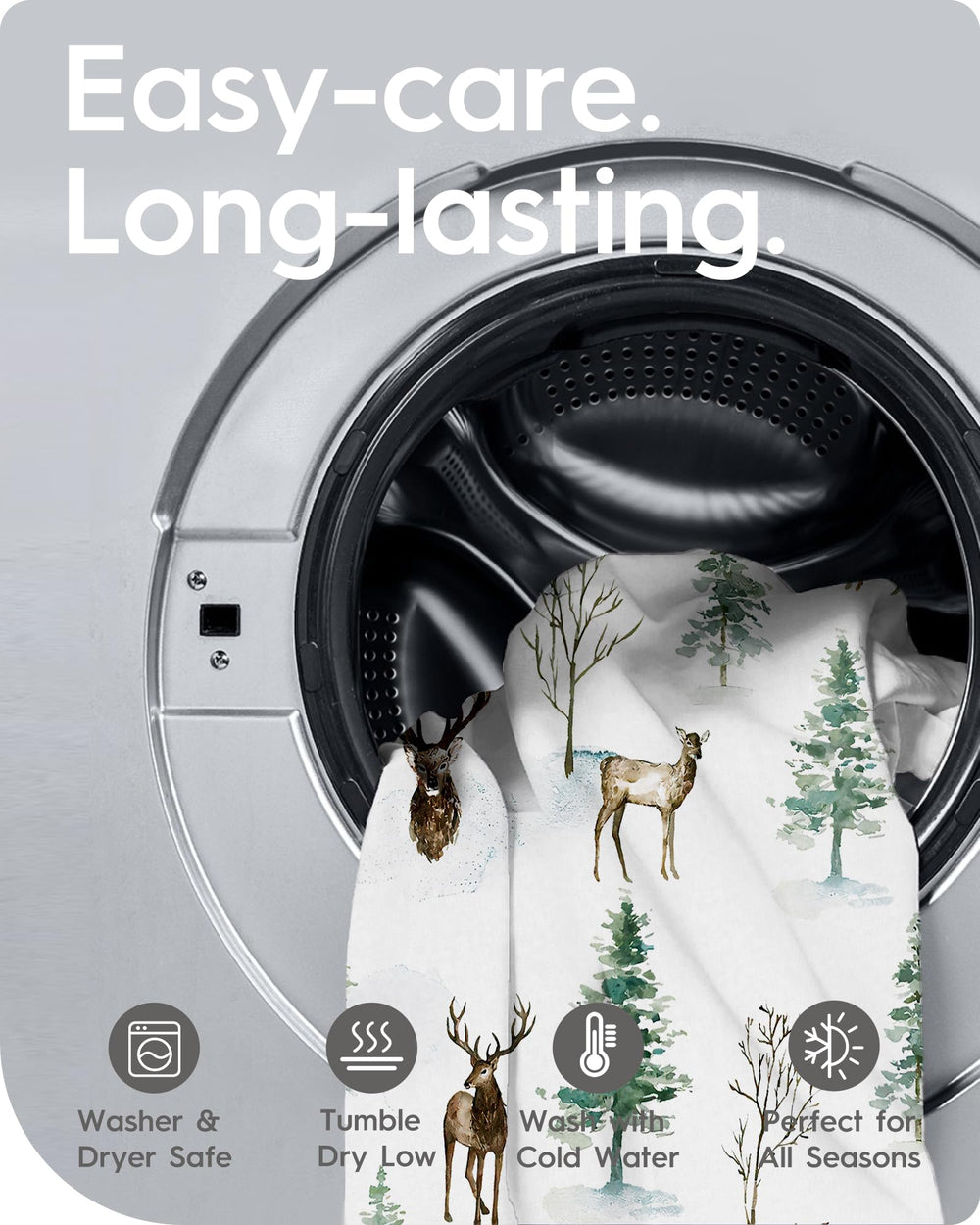 Easy-care design emphasizes machine washing without sacrificing softness and elasticity.