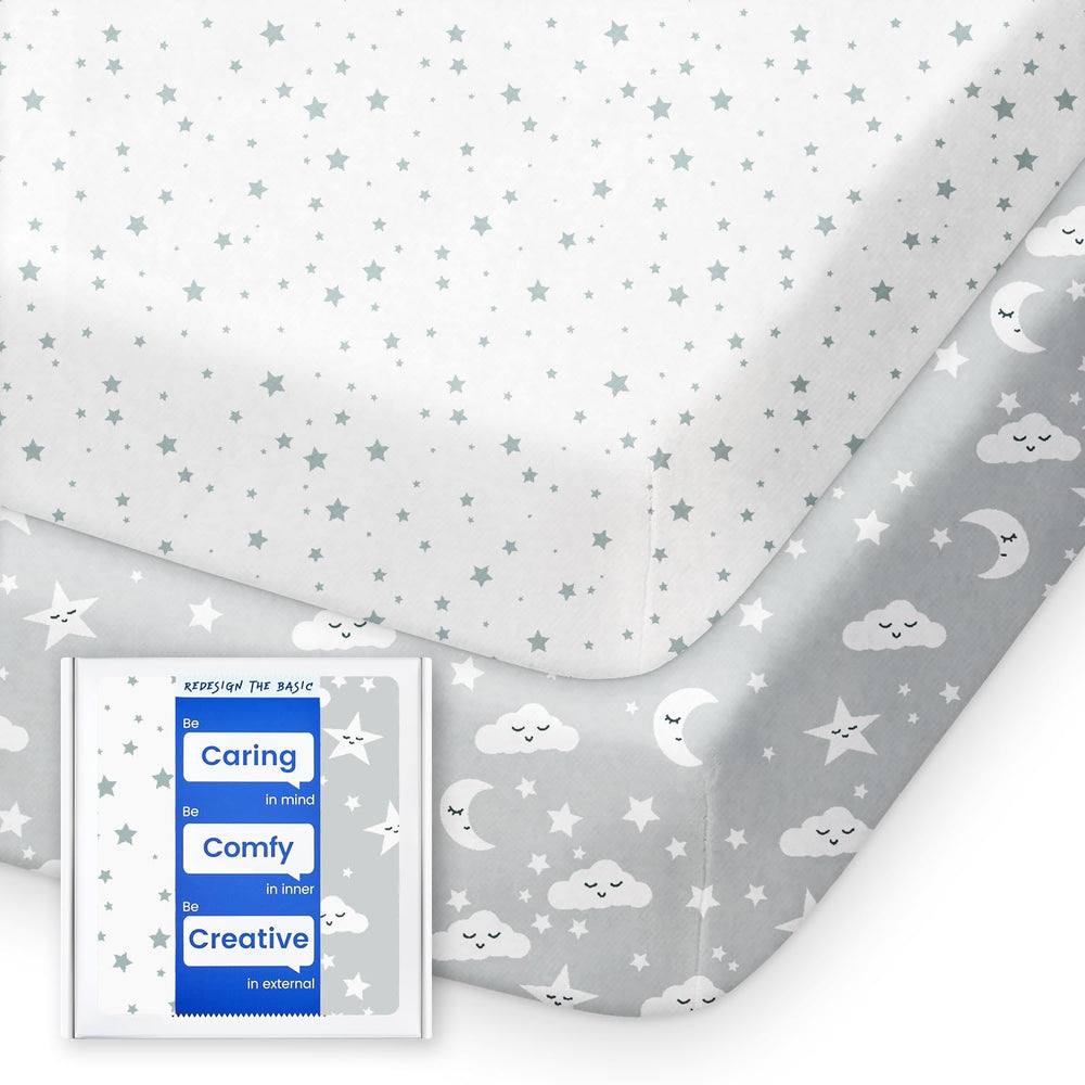 TOTBASIC pack-n-play sheets with grey stars and moon pattern for soothing nursery decor.