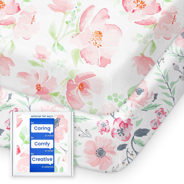 TotBasic pink floral pack n play sheets in soft jersey knit