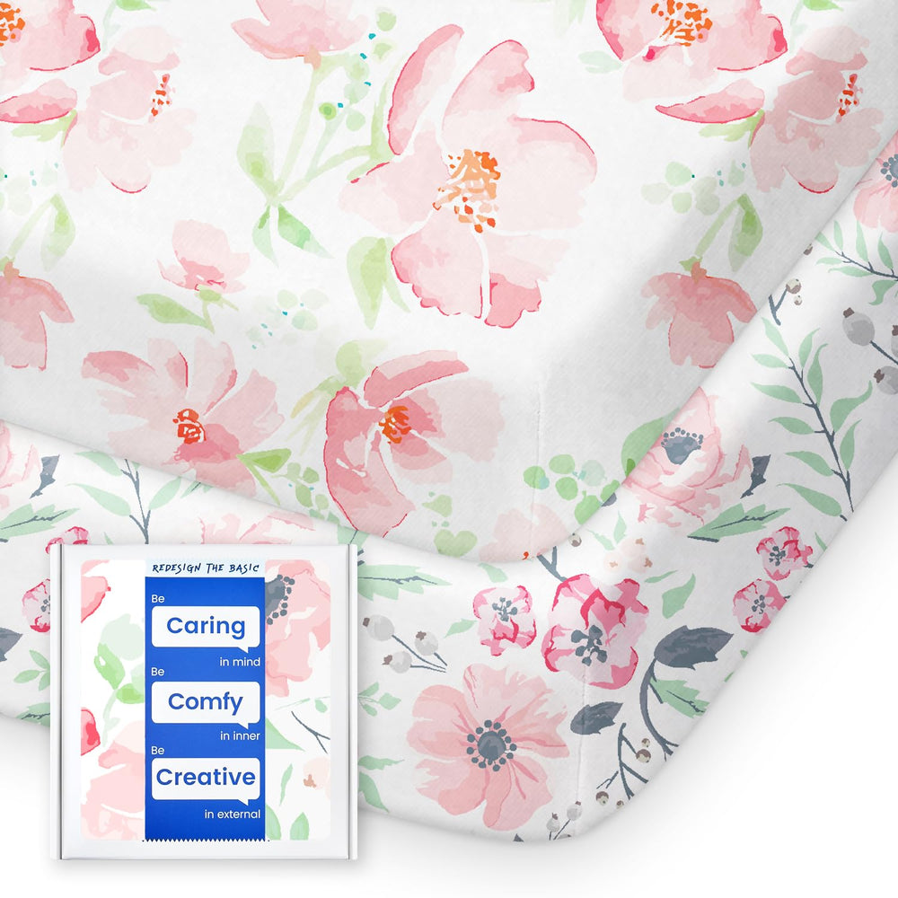 TotBasic pink floral pack n play sheets in soft jersey knit