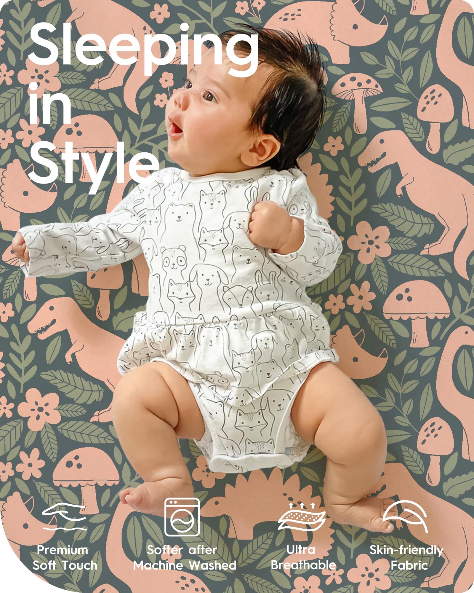 Close-up of TotBasic vintage dino fabric texture, highlighting gentle stretch.