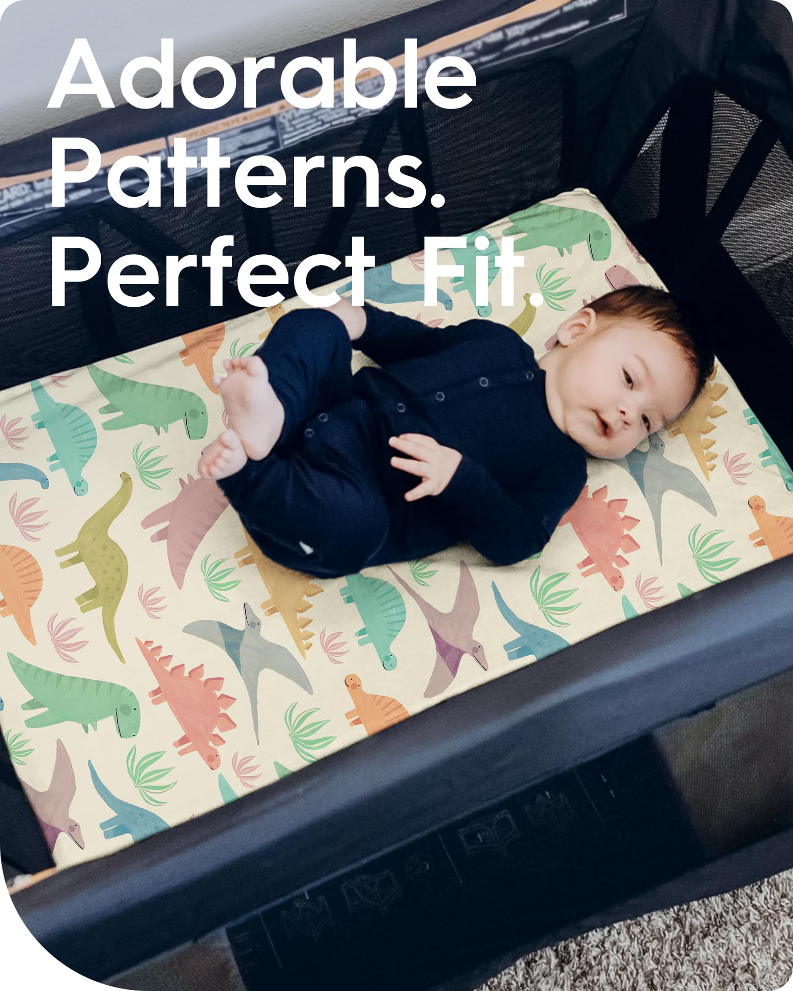 TotBasic vintage dino sheets on a crib mattress, snug and secure.